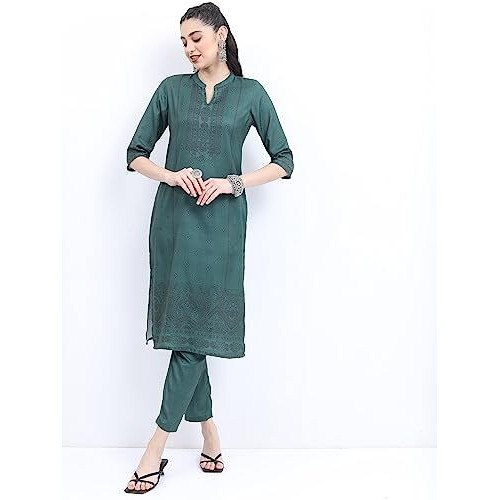 Ketch Women's Polyester Ethnic Set (Khk3000465_Green_Xl)