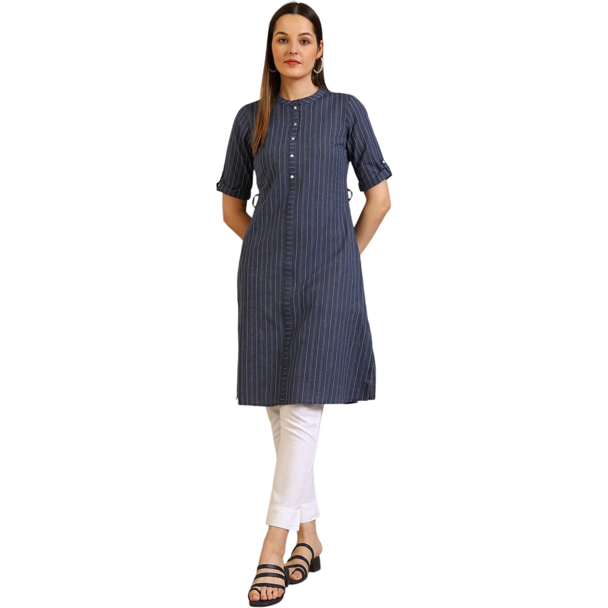 Aurelia Women's Blue Striped Pure Cotton Mandarin Collar Straight Kurta (Size Xl)-A15795-701987
