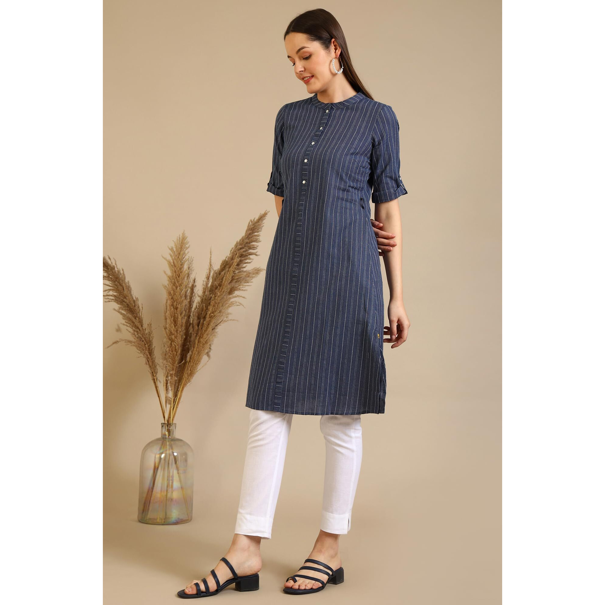 Aurelia Women's Blue Striped Pure Cotton Mandarin Collar Straight Kurta (Size Xl)-A15795-701987