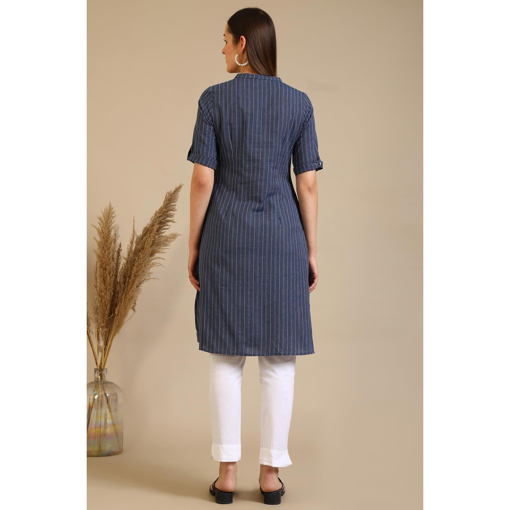Aurelia Women's Blue Striped Pure Cotton Mandarin Collar Straight Kurta (Size Xl)-A15795-701987