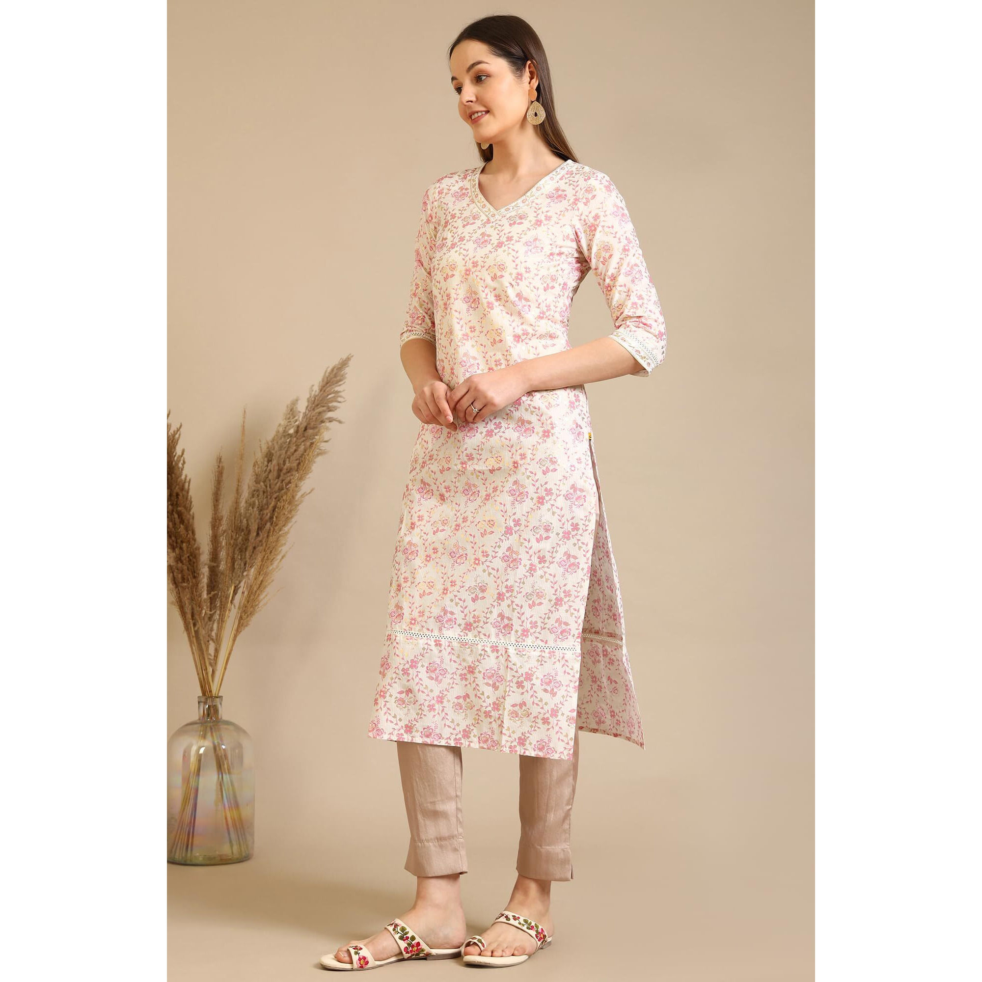 Aurelia Women's White Floral Printed Pure Cotton Straight Kurta (Size 2Xl)-A15800-507992
