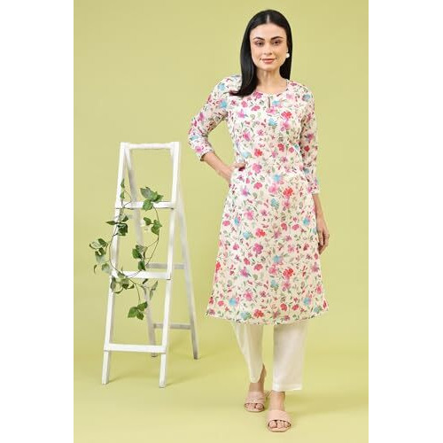 W For Woman Off-White Straight Kurta In Multi-Coloured Floral Print (Size Xl)-W12749-123968
