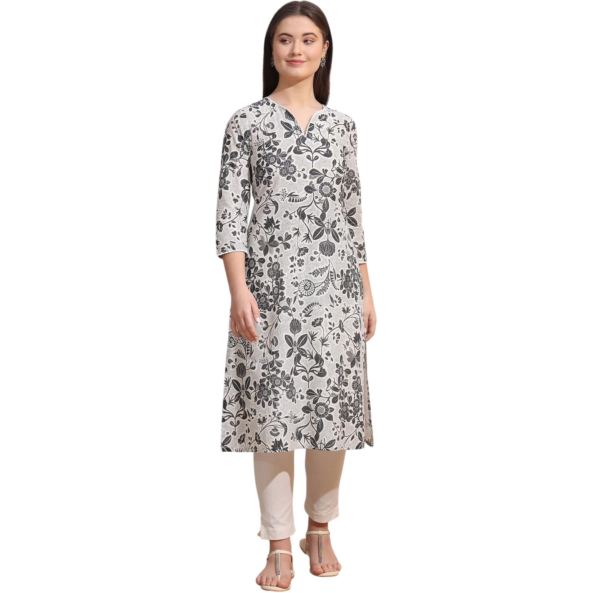 W For Woman Off-White Bold Floral Printed Cotton Cambric Straight Kurta (Size Xl)-W12792-126188