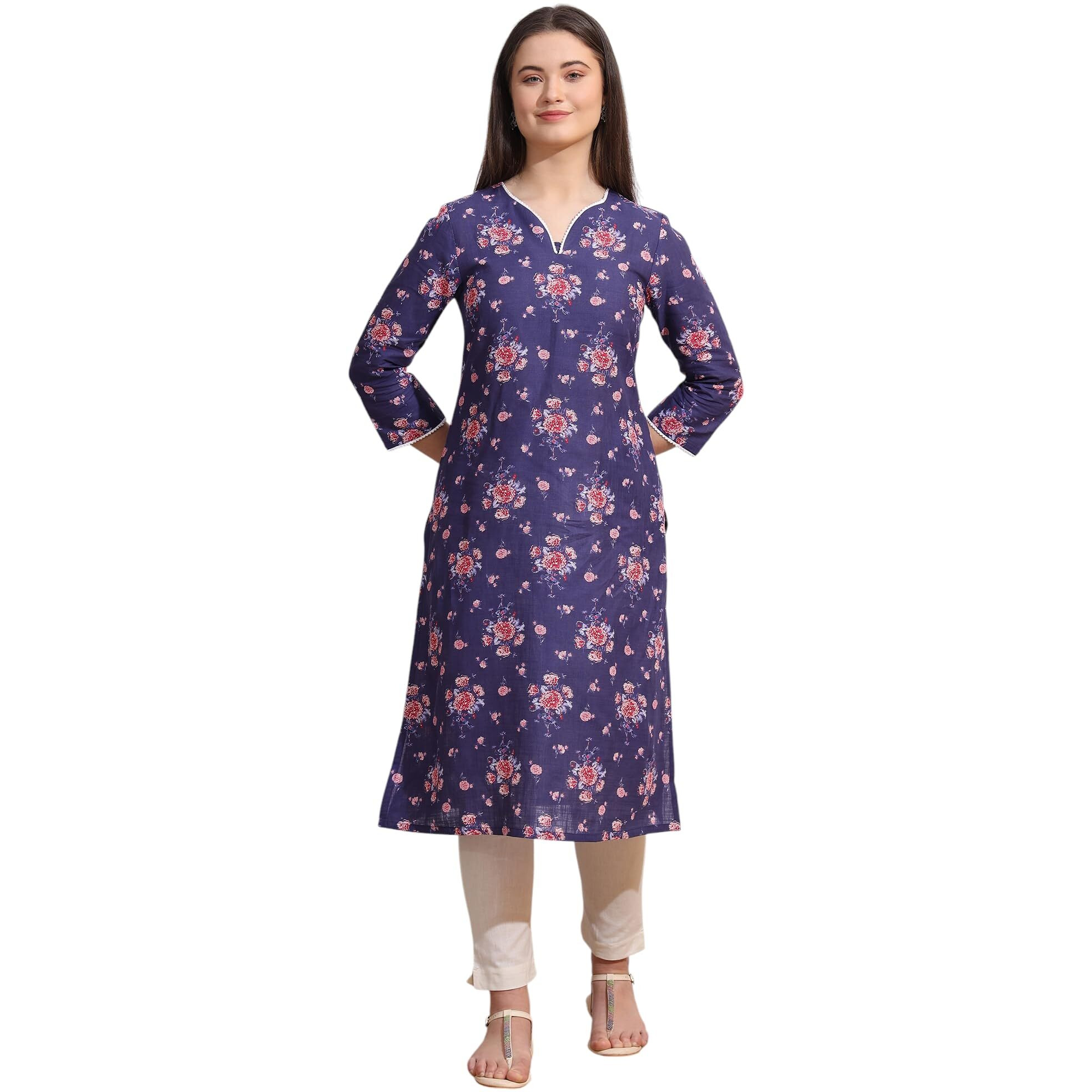 W For Woman Purple Bold Floral Printed Cotton Cambric Straight Kurta (Size M)-W12792-126187