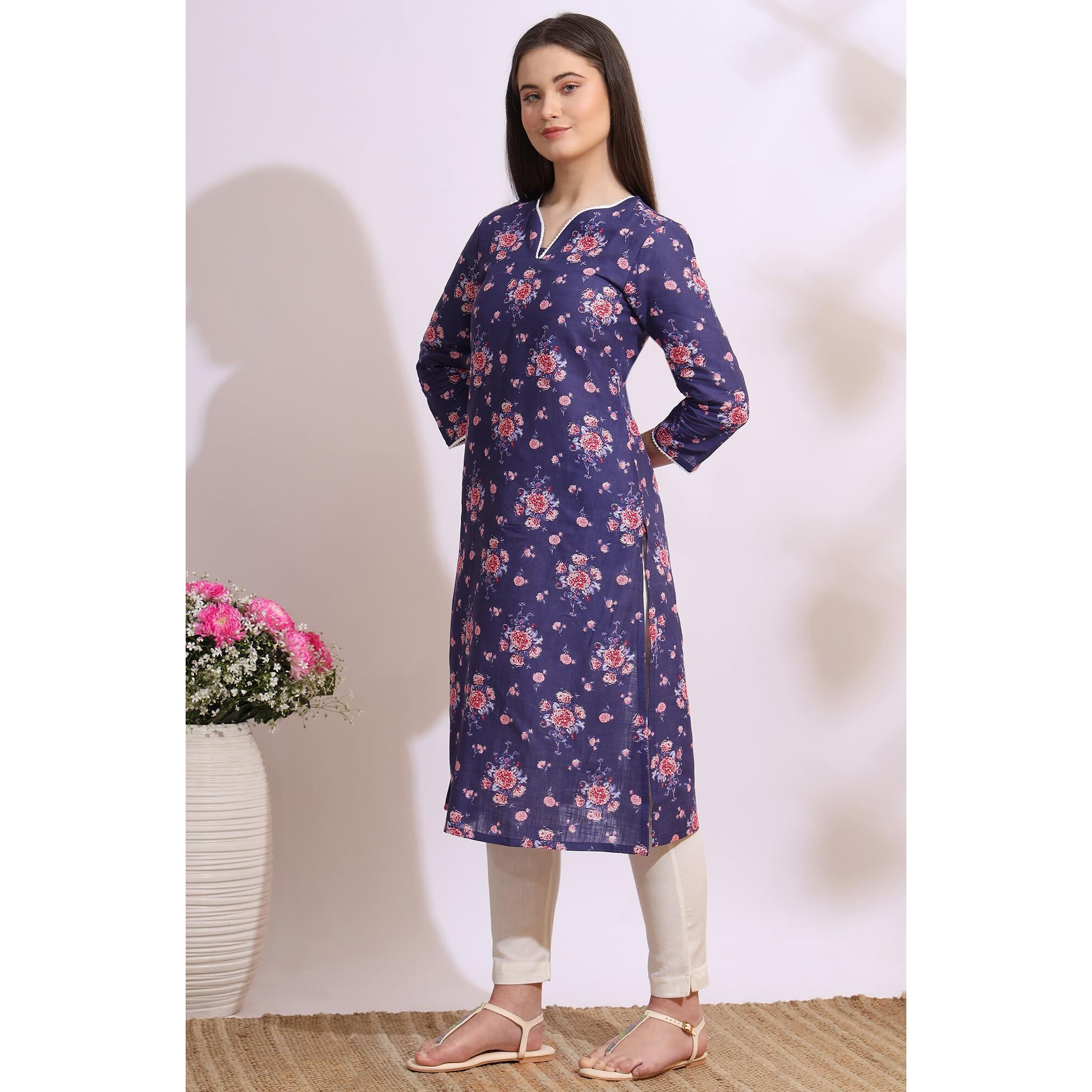 W For Woman Purple Bold Floral Printed Cotton Cambric Straight Kurta (Size M)-W12792-126187