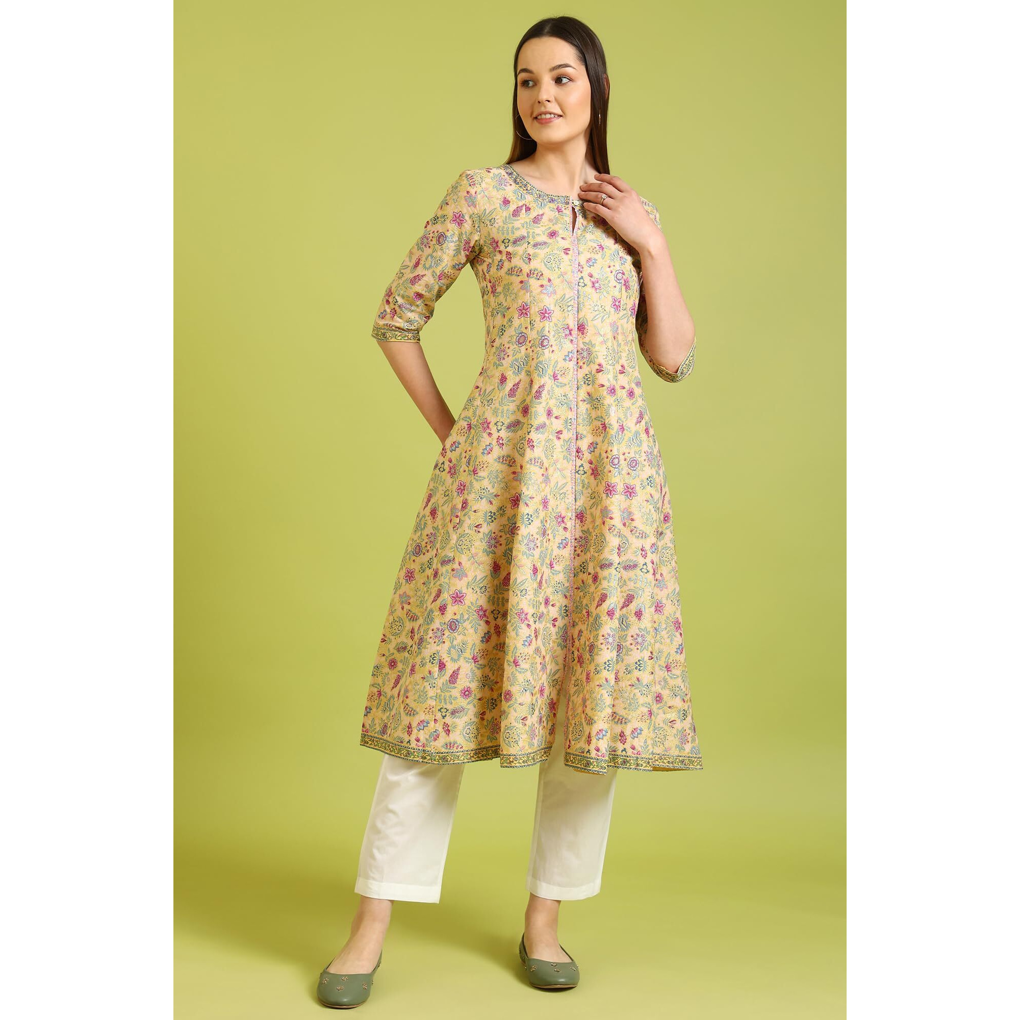 W For Woman Yellow Glitter Floral Printed Pure Cotton Flared Kurta (SizeL)-W10164