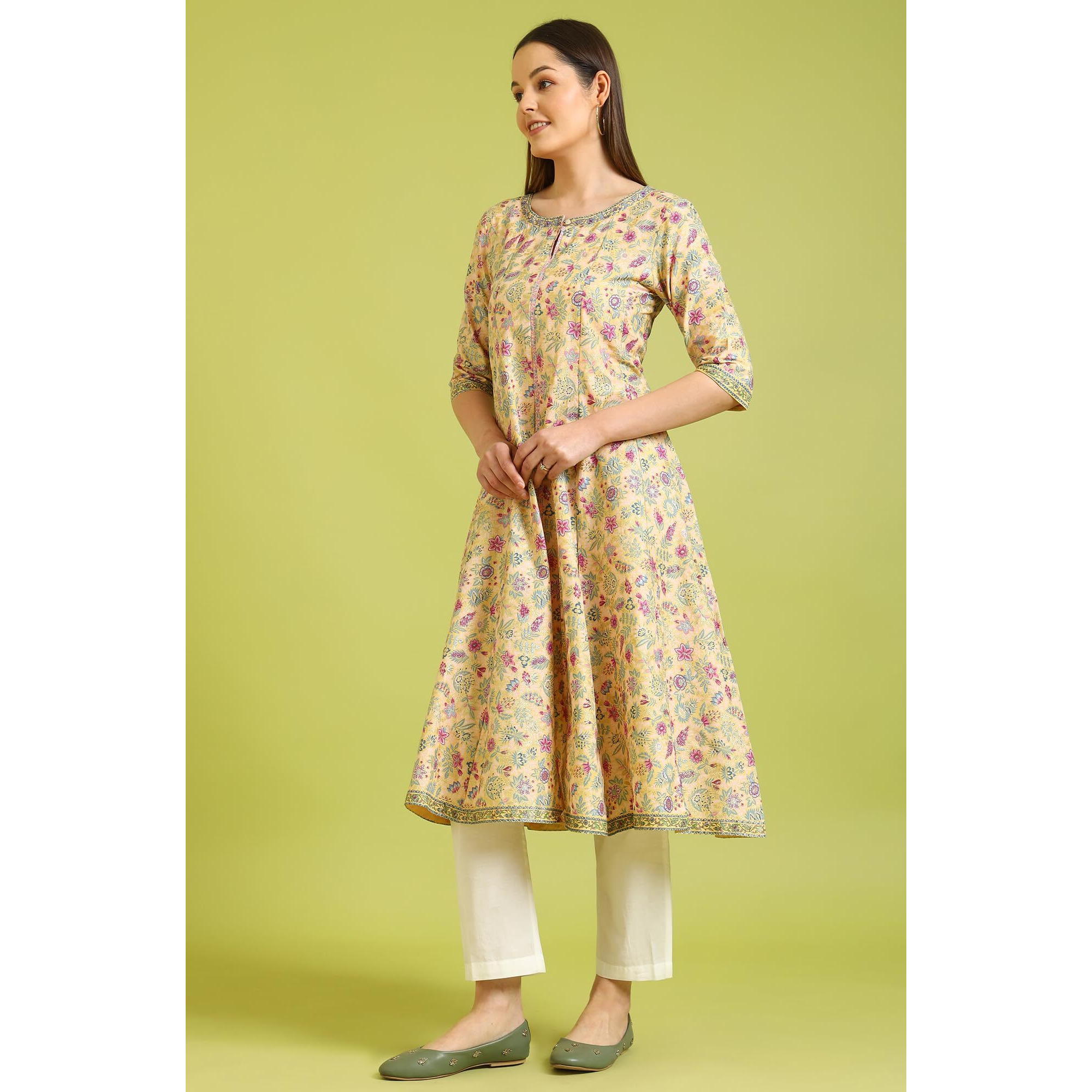 W For Woman Yellow Glitter Floral Printed Pure Cotton Flared Kurta (SizeL)-W10164