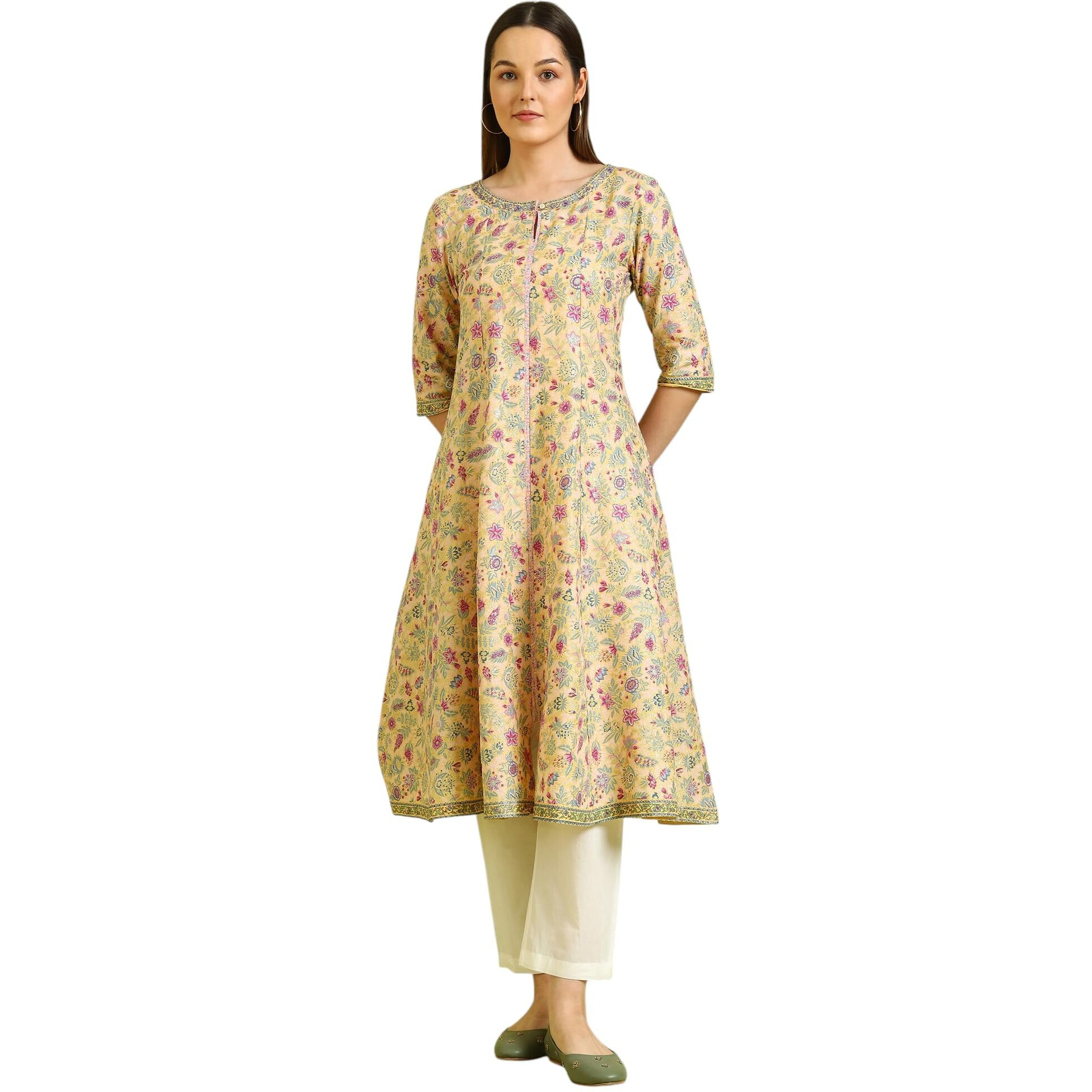 W For Woman Yellow Glitter Floral Printed Pure Cotton Flared Kurta (SizeXl)-W10164