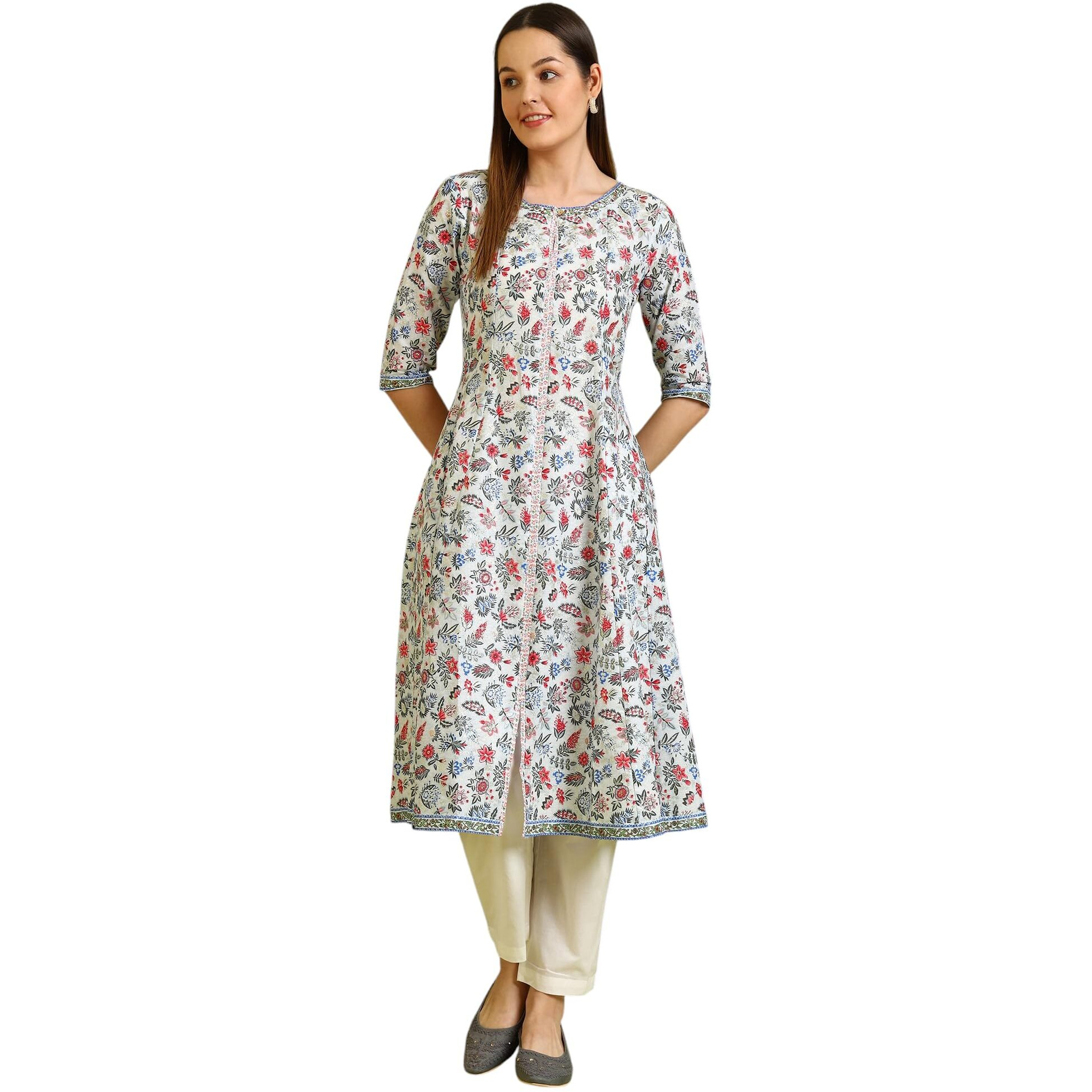 W For Woman Light Blue Glitter Floral Printed Pure Cotton Flared Kurta (SizeL)-W10164
