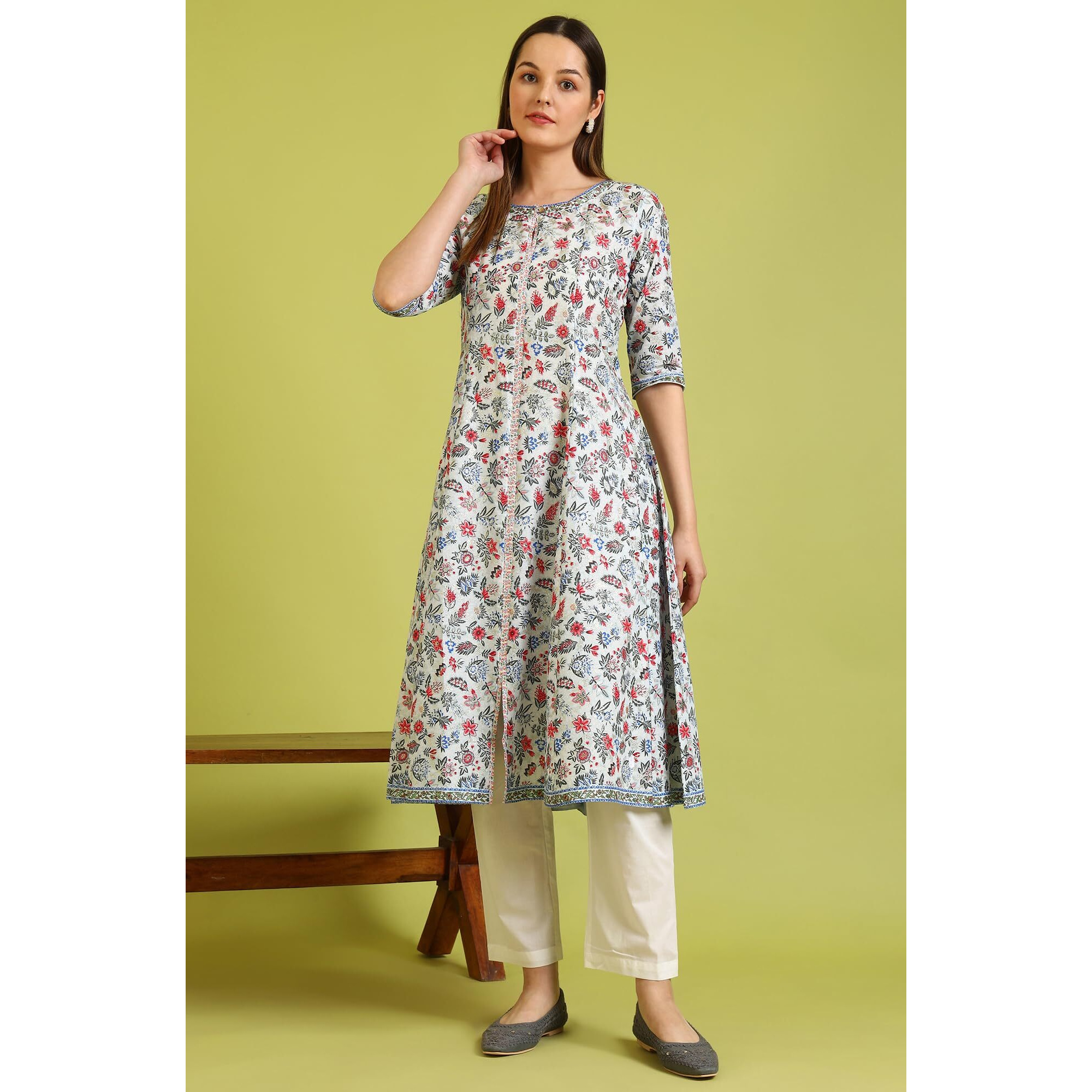 W For Woman Light Blue Glitter Floral Printed Pure Cotton Flared Kurta (SizeL)-W10164