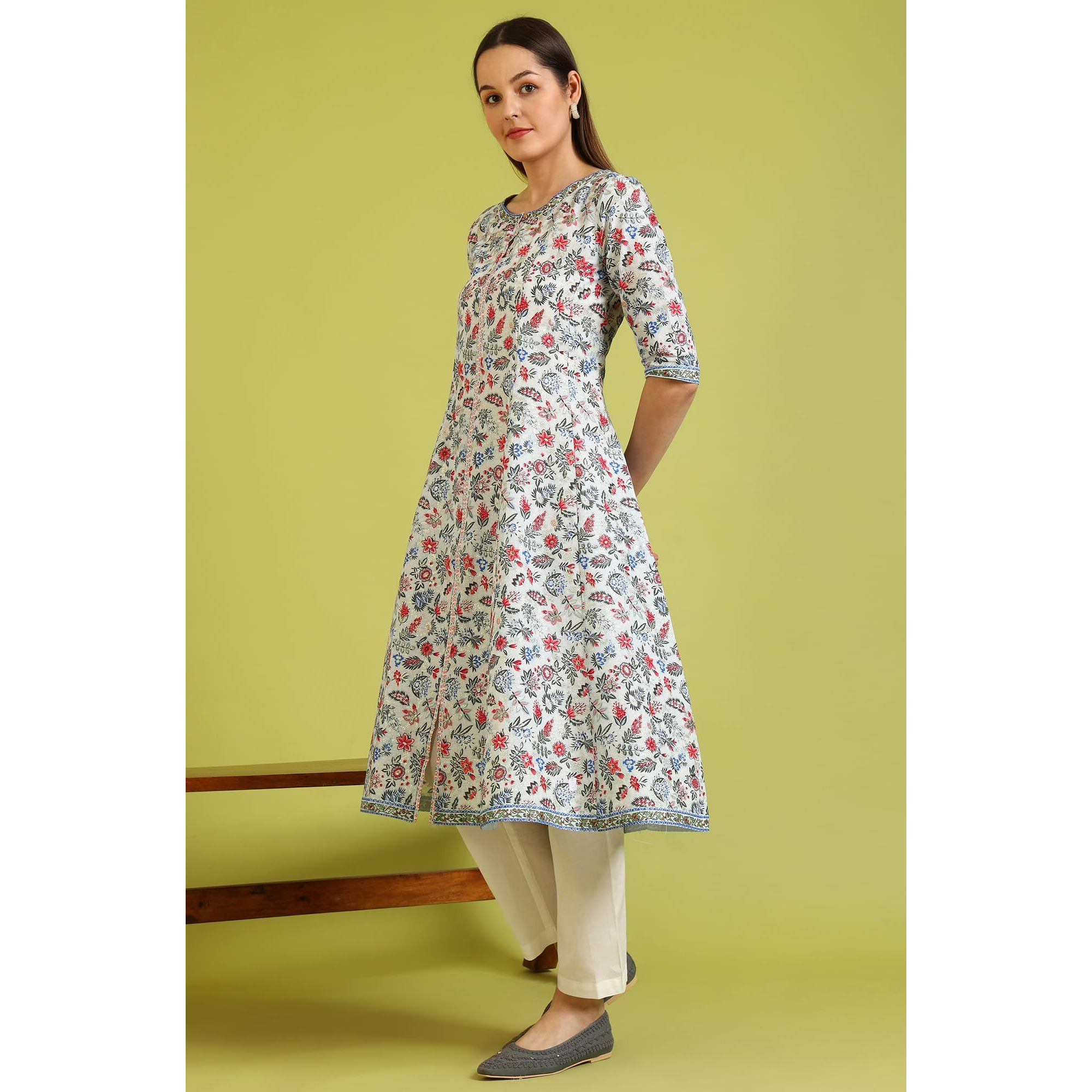 W For Woman Light Blue Glitter Floral Printed Pure Cotton Flared Kurta (SizeL)-W10164