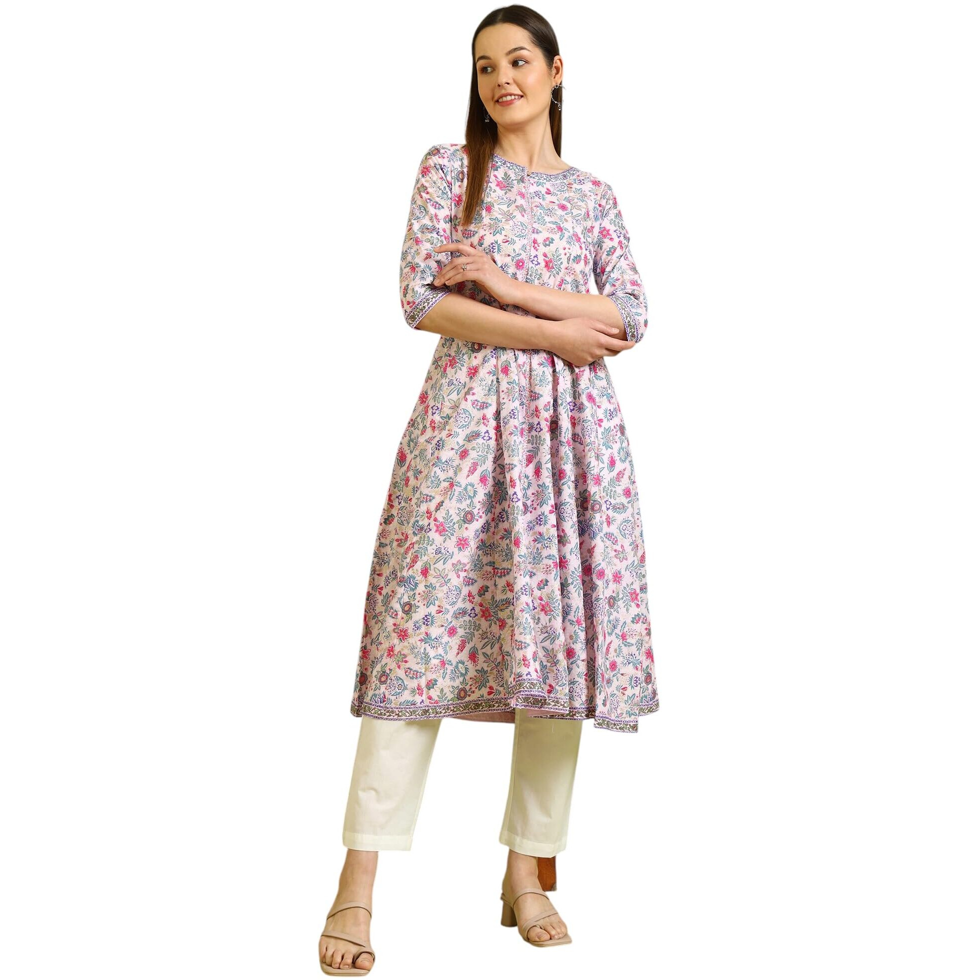 W For Woman Pink Floral Printed Pure Cotton Flared Kurta And Pants Set (SizeL)-Ws10164