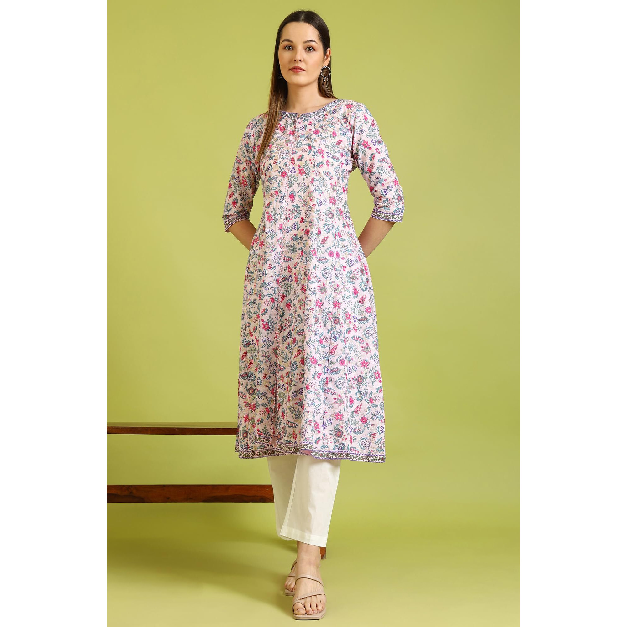 W For Woman Pink Floral Printed Pure Cotton Flared Kurta And Pants Set (SizeL)-Ws10164