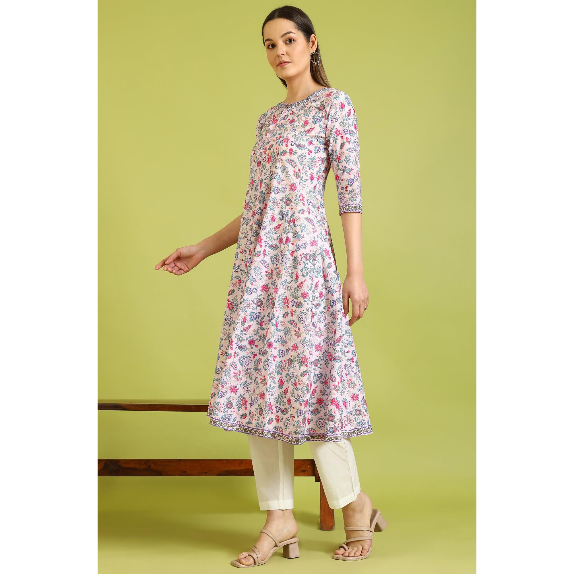 W For Woman Pink Floral Printed Pure Cotton Flared Kurta And Pants Set (SizeL)-Ws10164