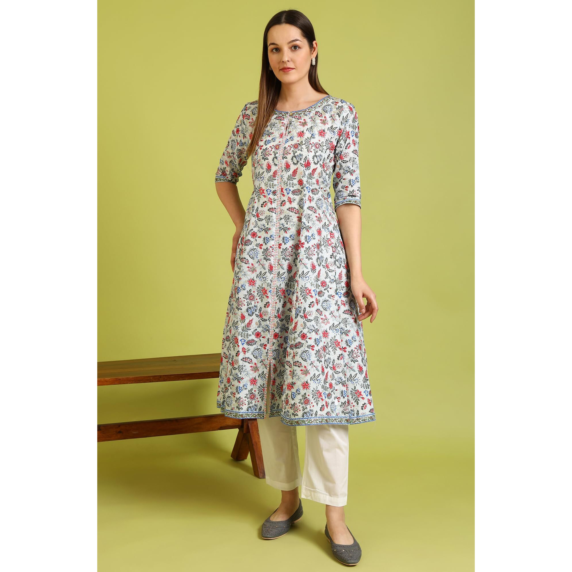 W For Woman Light Blue Floral Printed Pure Cotton Flared Kurta And Pants Set (SizeM)-Ws10164