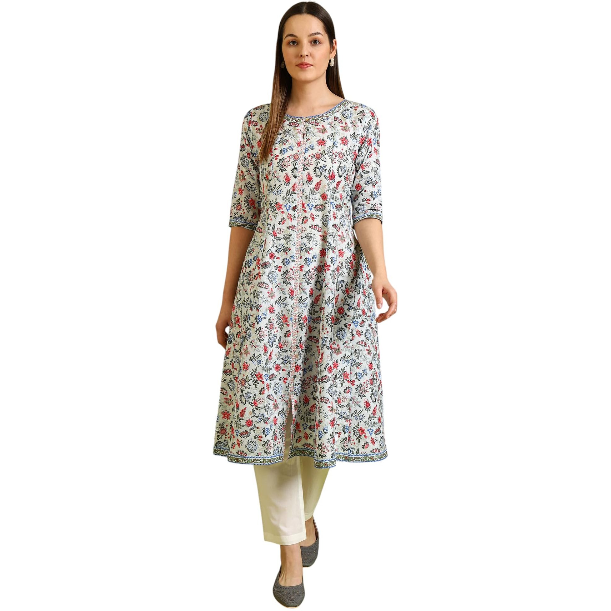 W For Woman Light Blue Floral Printed Pure Cotton Flared Kurta And Pants Set (SizeL)-Ws10164