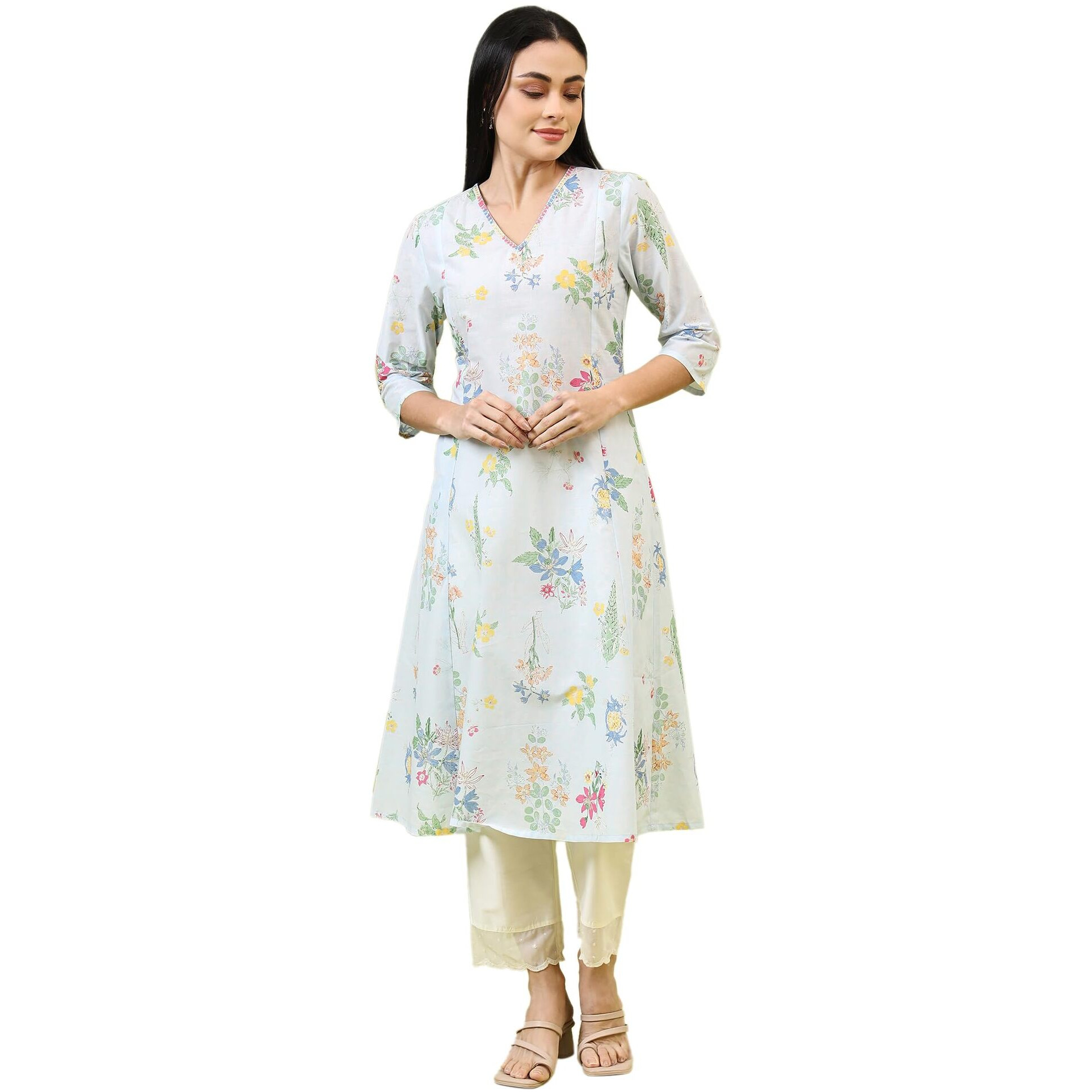 W For Woman Blue Floral Printed Pure Cotton A-Line Kurta With Thread Embroidery (Size 2Xl)-W12220-126115