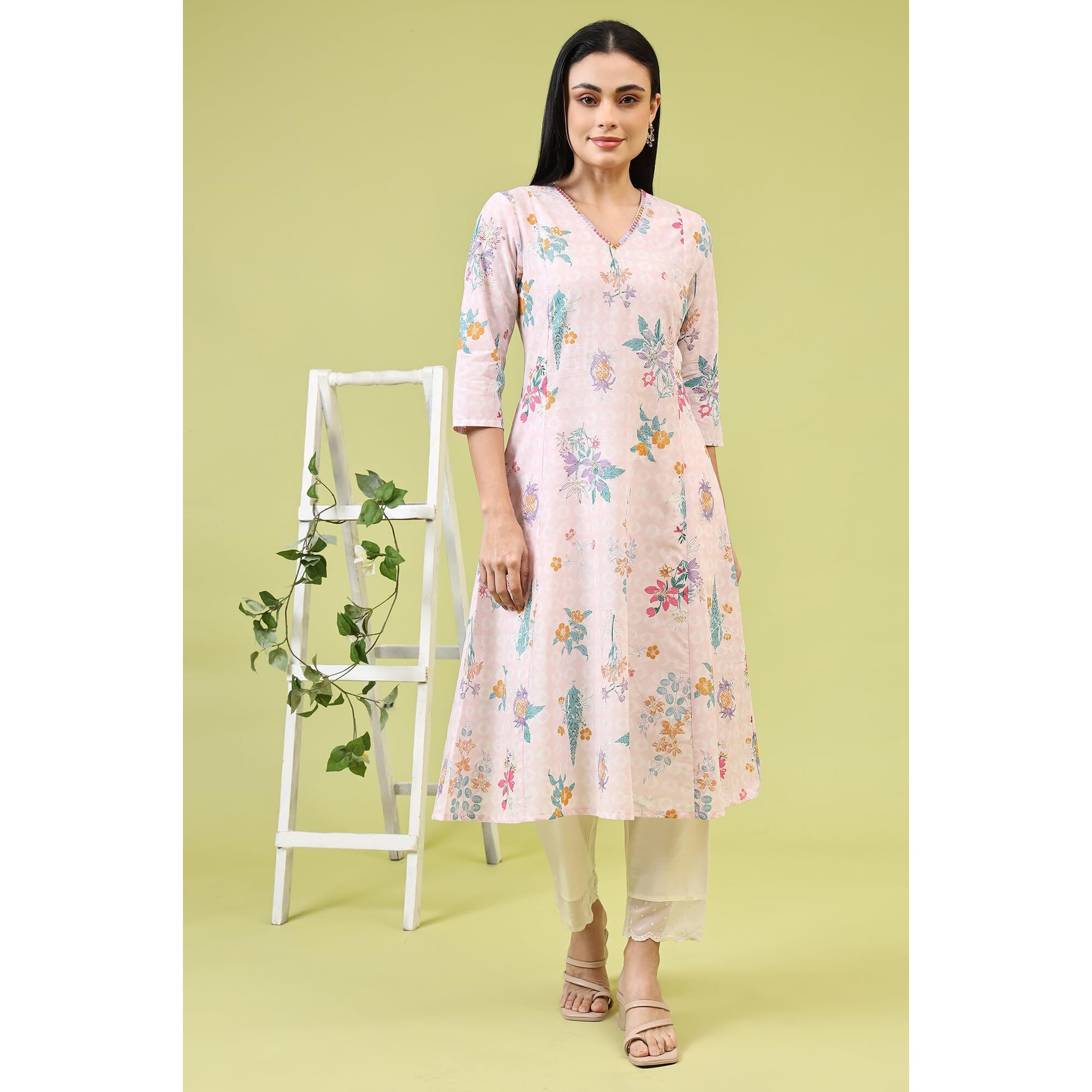 W For Woman Pink Floral Printed Pure Cotton A-Line Kurta With Thread Embroidery (Size L)-W12220-126178