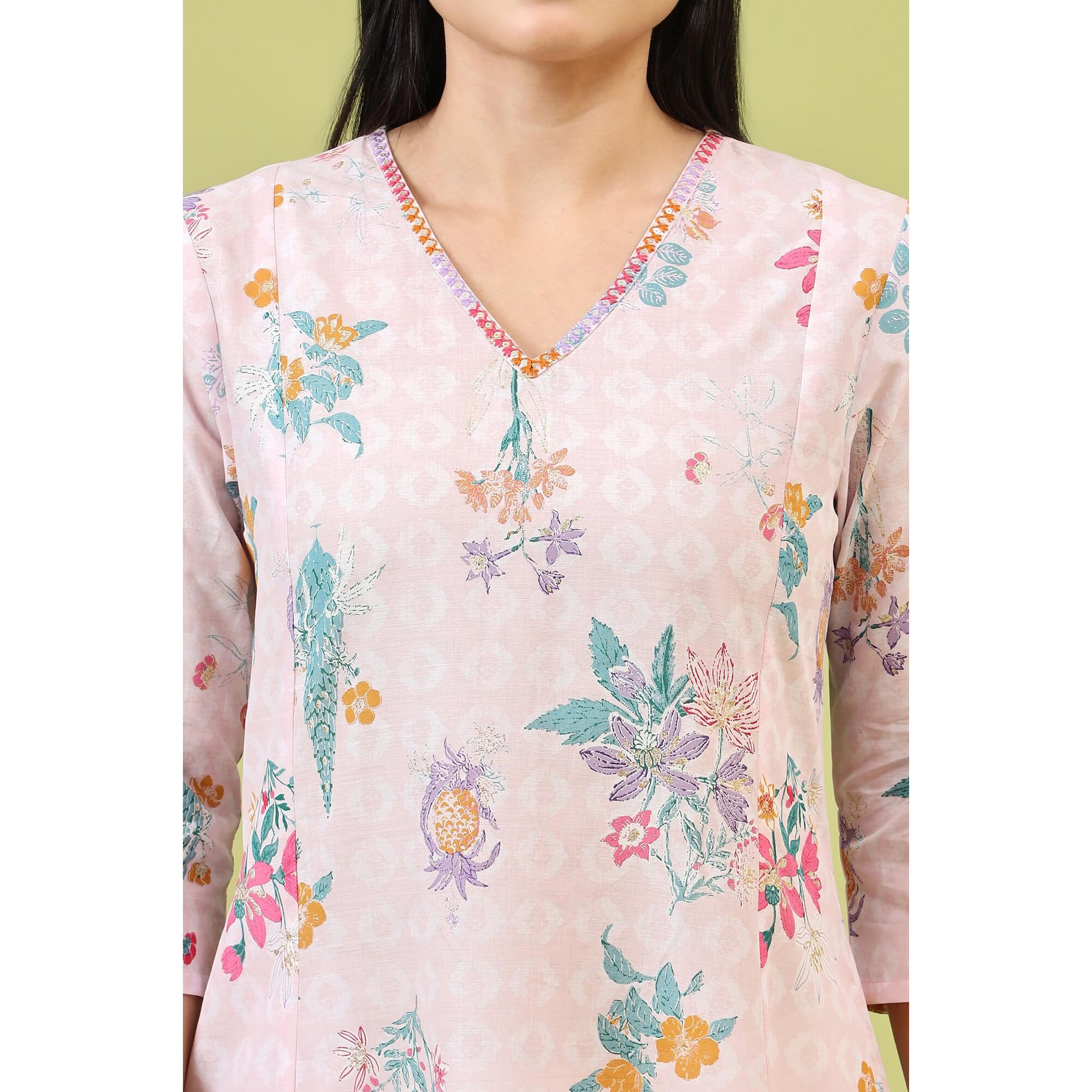 W For Woman Pink Floral Printed Pure Cotton A-Line Kurta With Thread Embroidery (Size S)-W12220-126178