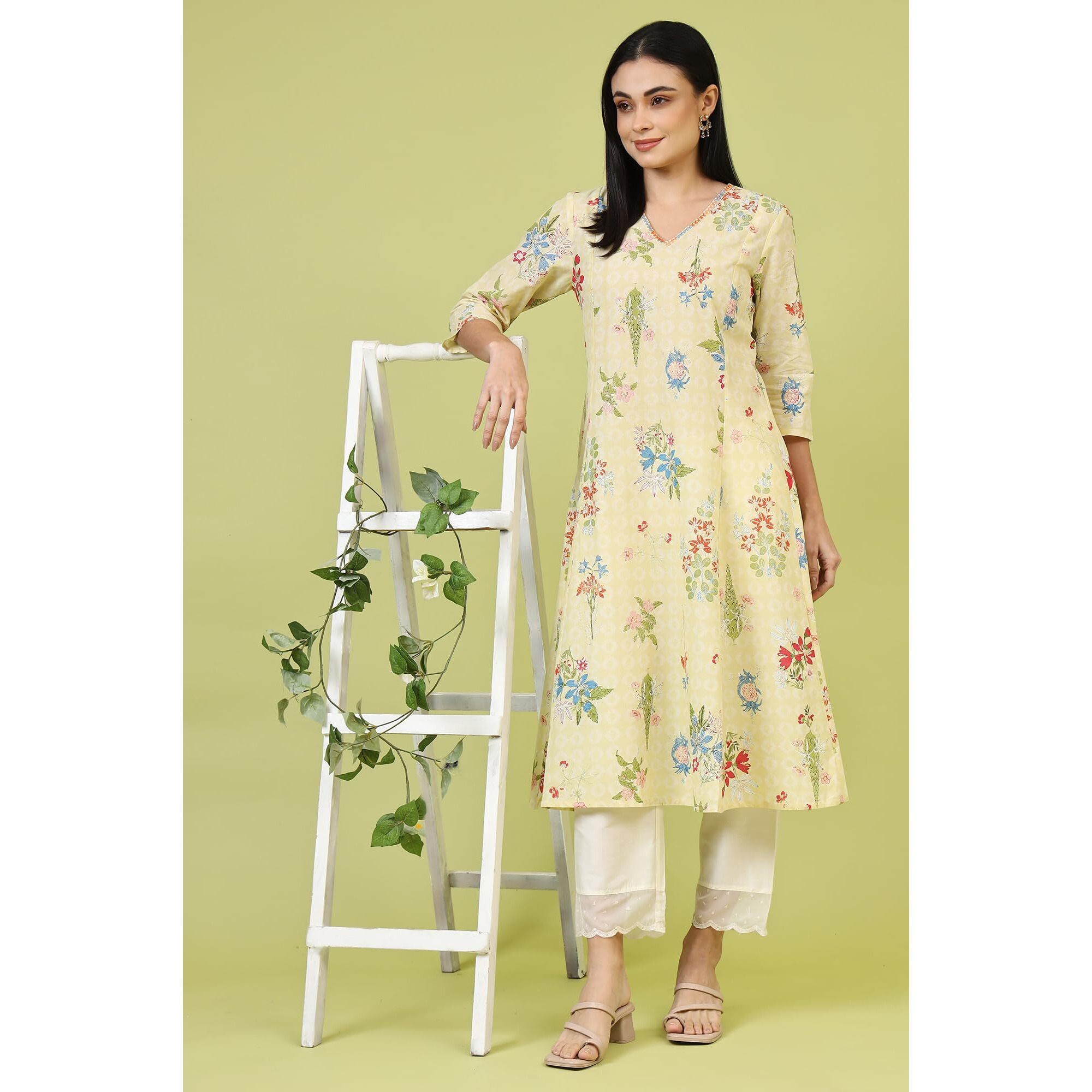 W For Woman Yellow Floral Printed Pure Cotton A-Line Kurta With Thread Embroidery (Size L)-W12220-126114