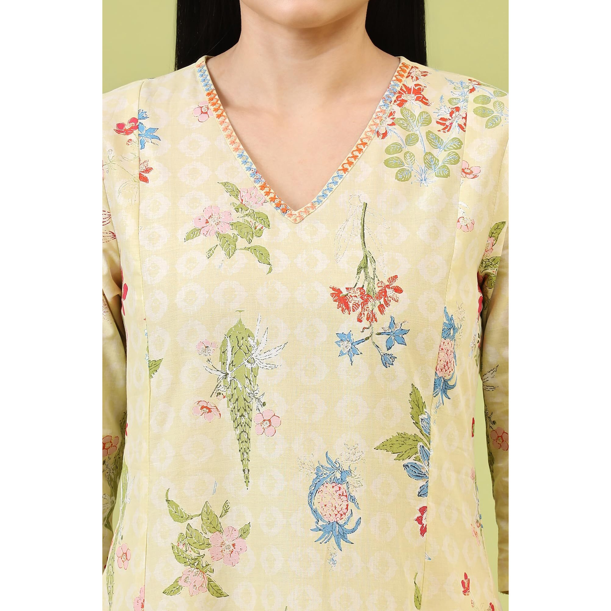 W For Woman Yellow Floral Printed Pure Cotton A-Line Kurta With Thread Embroidery (Size L)-W12220-126114