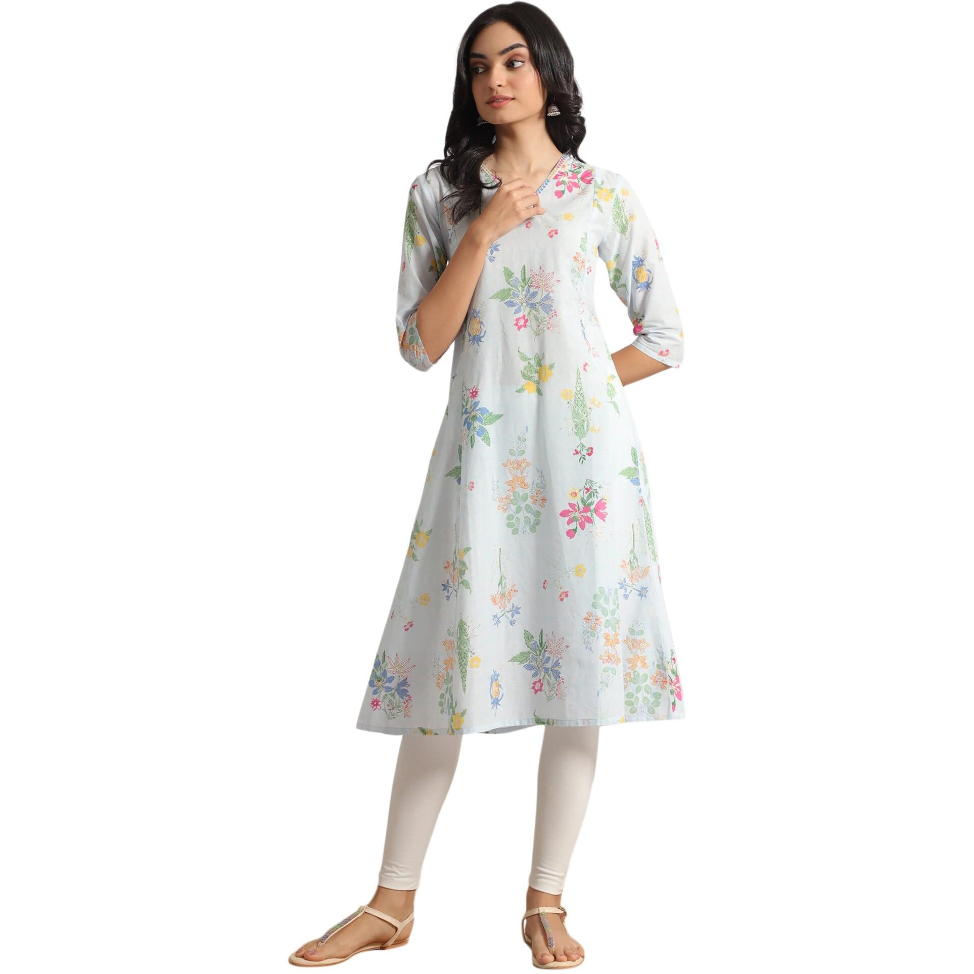 W For Woman Light Blue Floral Printed A-Line Pure Cotton Kurta And Leggings Set (Size L)-Ws12220-126115