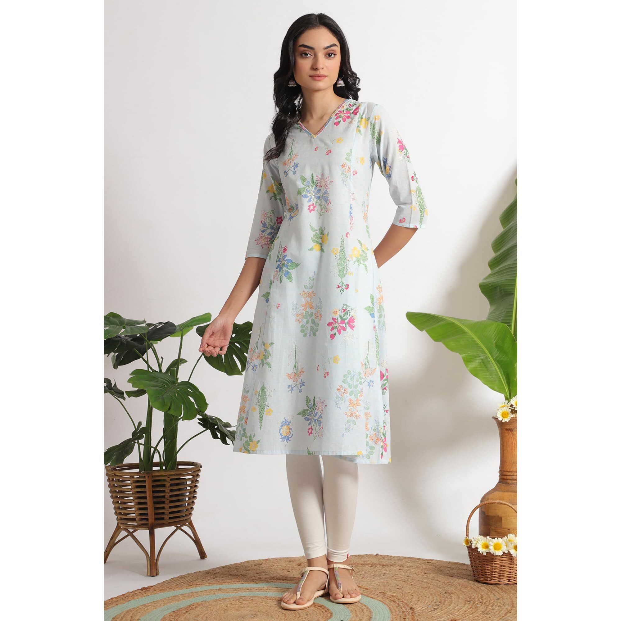 W For Woman Light Blue Floral Printed A-Line Pure Cotton Kurta And Leggings Set (Size L)-Ws12220-126115