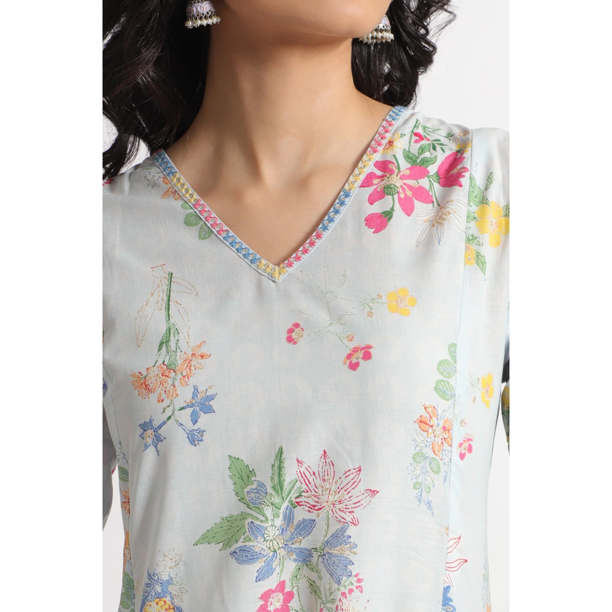 W For Woman Light Blue Floral Printed A-Line Pure Cotton Kurta And Leggings Set (Size L)-Ws12220-126115