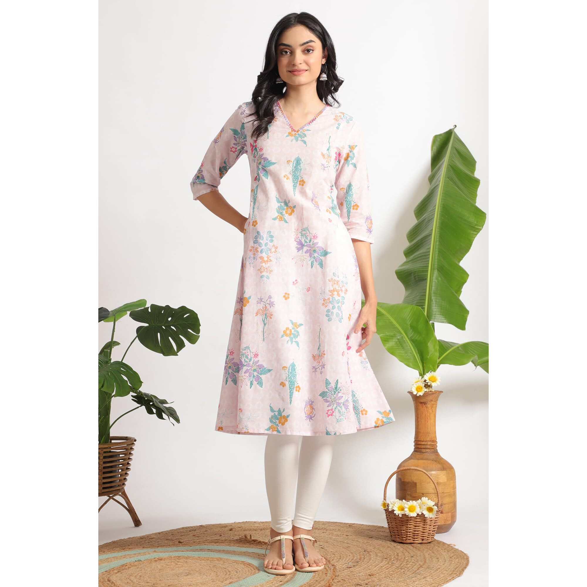 W For Woman Light Pink Floral Printed A-Line Pure Cotton Kurta And Leggings Set (Size S)-Ws12220-126178
