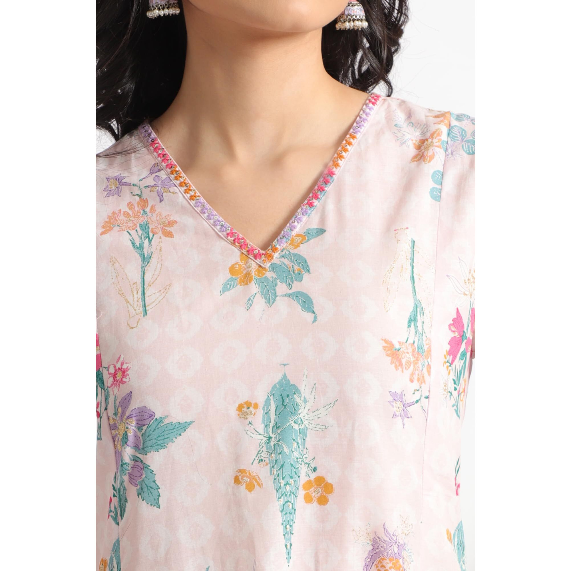 W For Woman Light Pink Floral Printed A-Line Pure Cotton Kurta And Leggings Set (Size S)-Ws12220-126178