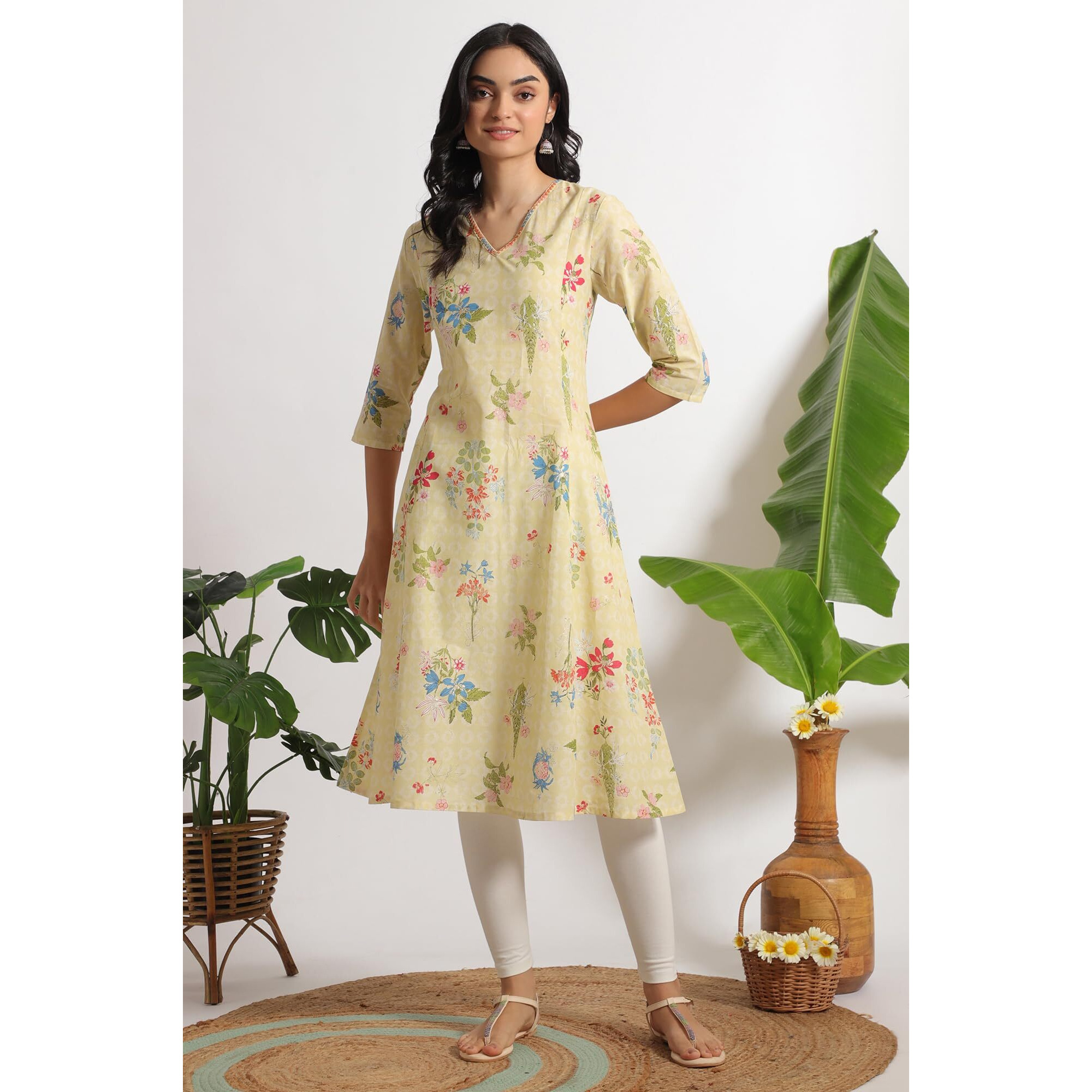 W For Woman Yellow Floral Printed A-Line Pure Cotton Kurta And Leggings Set (Size L)-Ws12220-126114