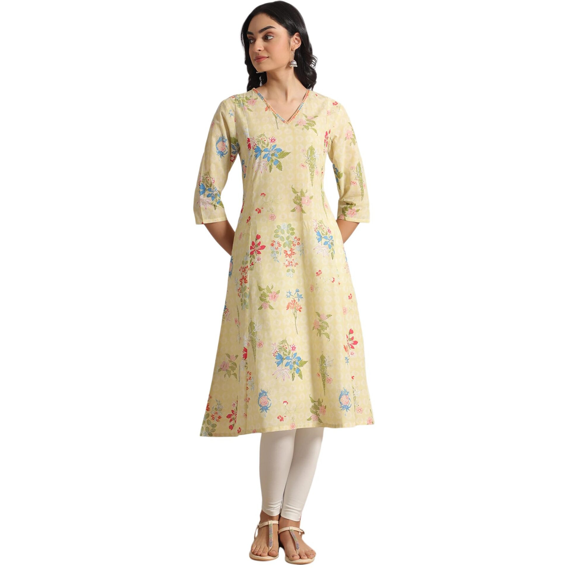 W For Woman Yellow Floral Printed A-Line Pure Cotton Kurta And Leggings Set (Size 2Xl)-Ws12220-126114