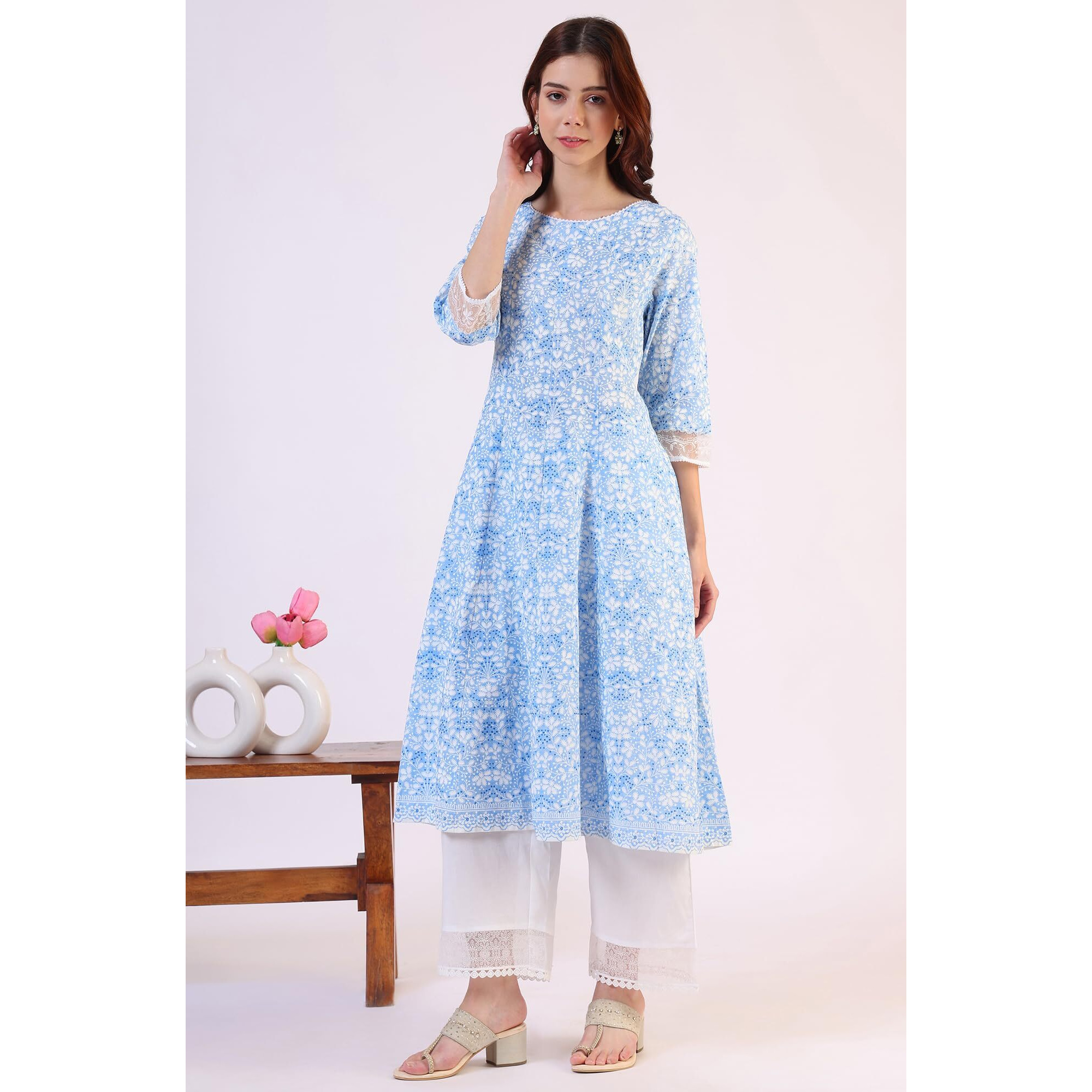 W For Woman Light Blue Floral Printed Flared Kurta (Size3Xl)-W10817