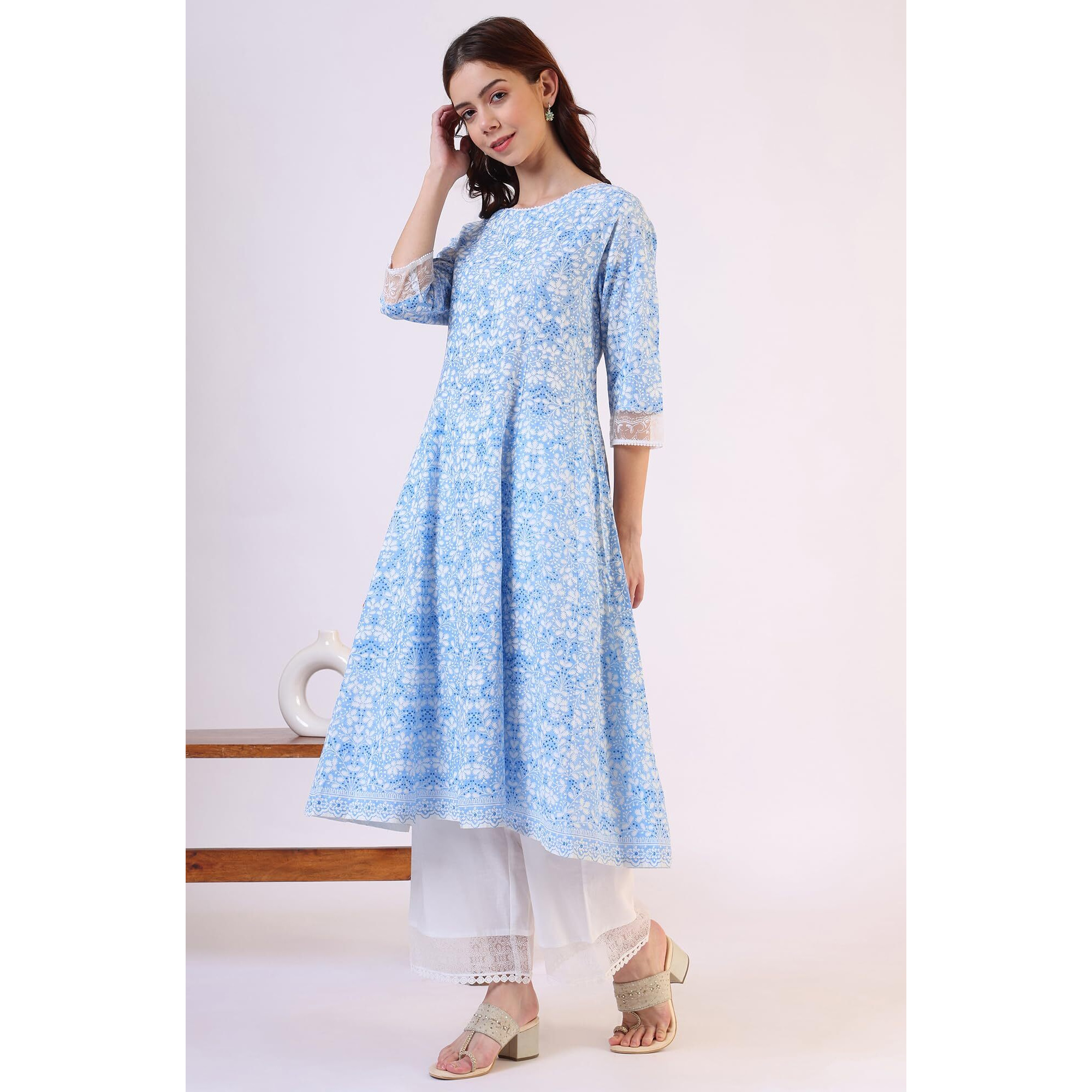 W For Woman Light Blue Floral Printed Flared Kurta (Size3Xl)-W10817