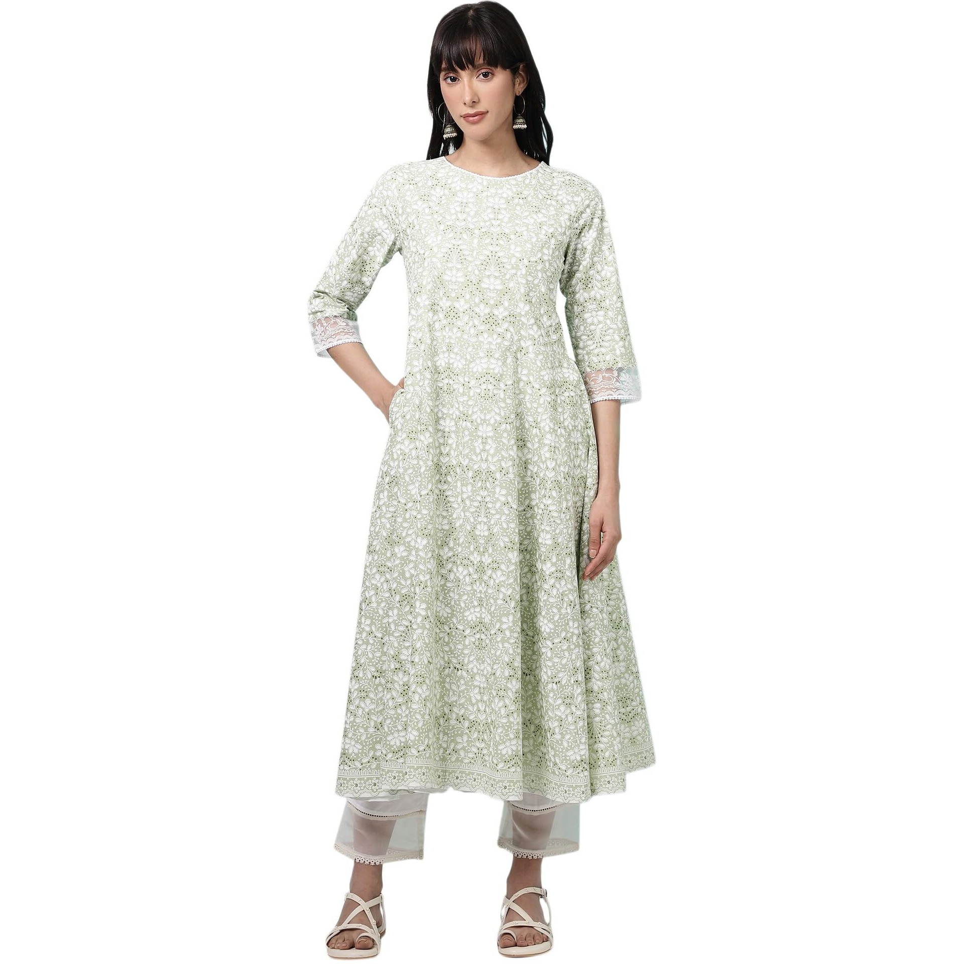 W For Woman Green Floral Printed Pure Cotton Anarkali Kurta (Size S)-W10817-126111