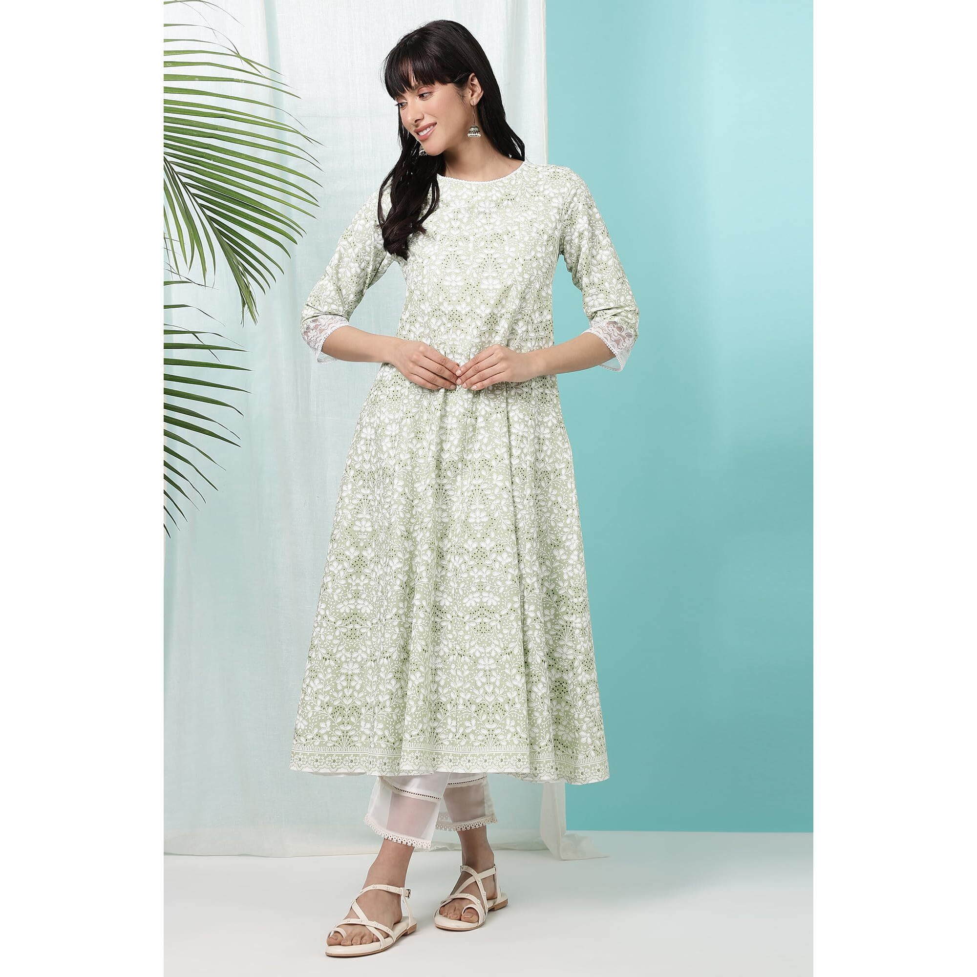W For Woman Green Floral Printed Pure Cotton Anarkali Kurta (Size S)-W10817-126111