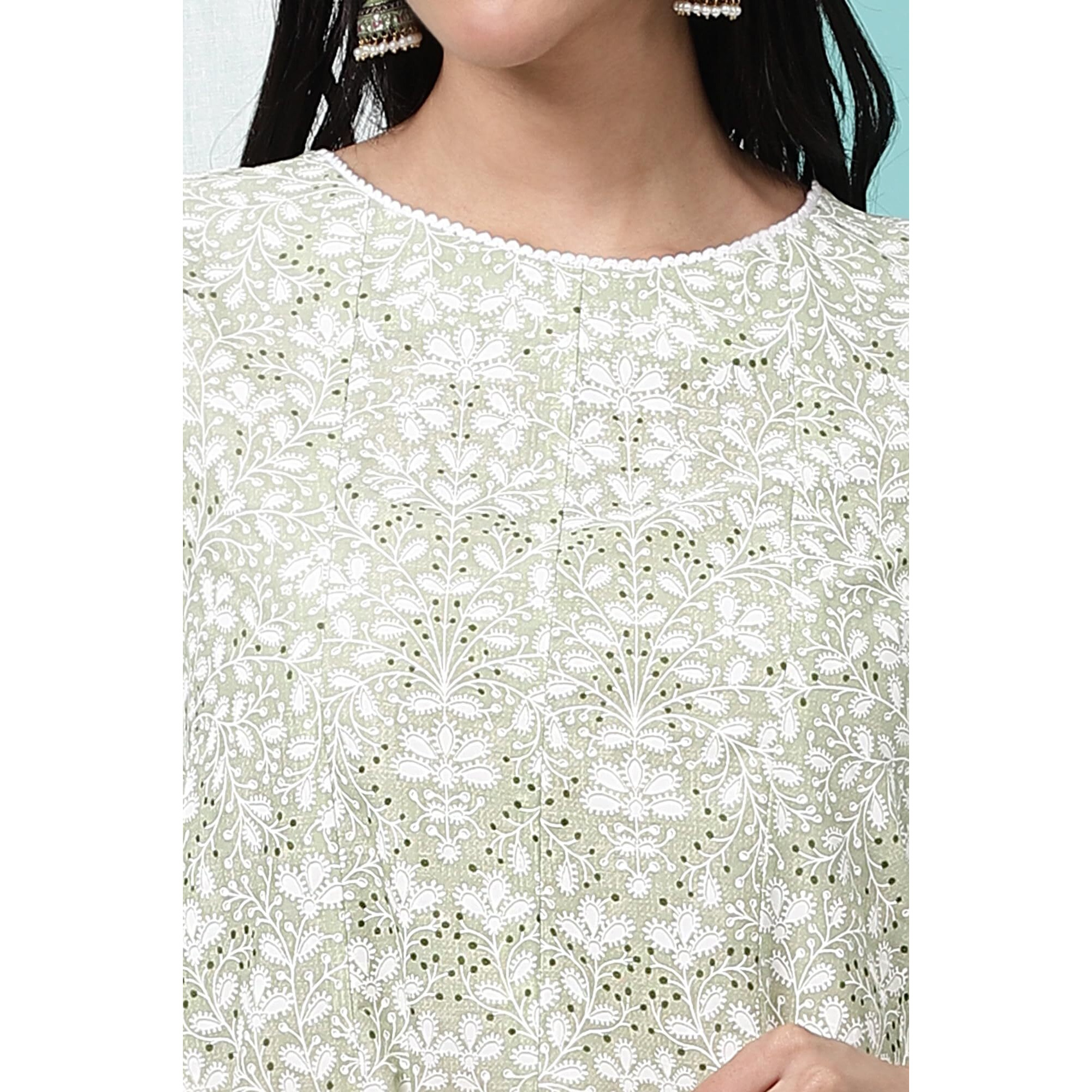 W For Woman Green Floral Printed Pure Cotton Anarkali Kurta (Size S)-W10817-126111