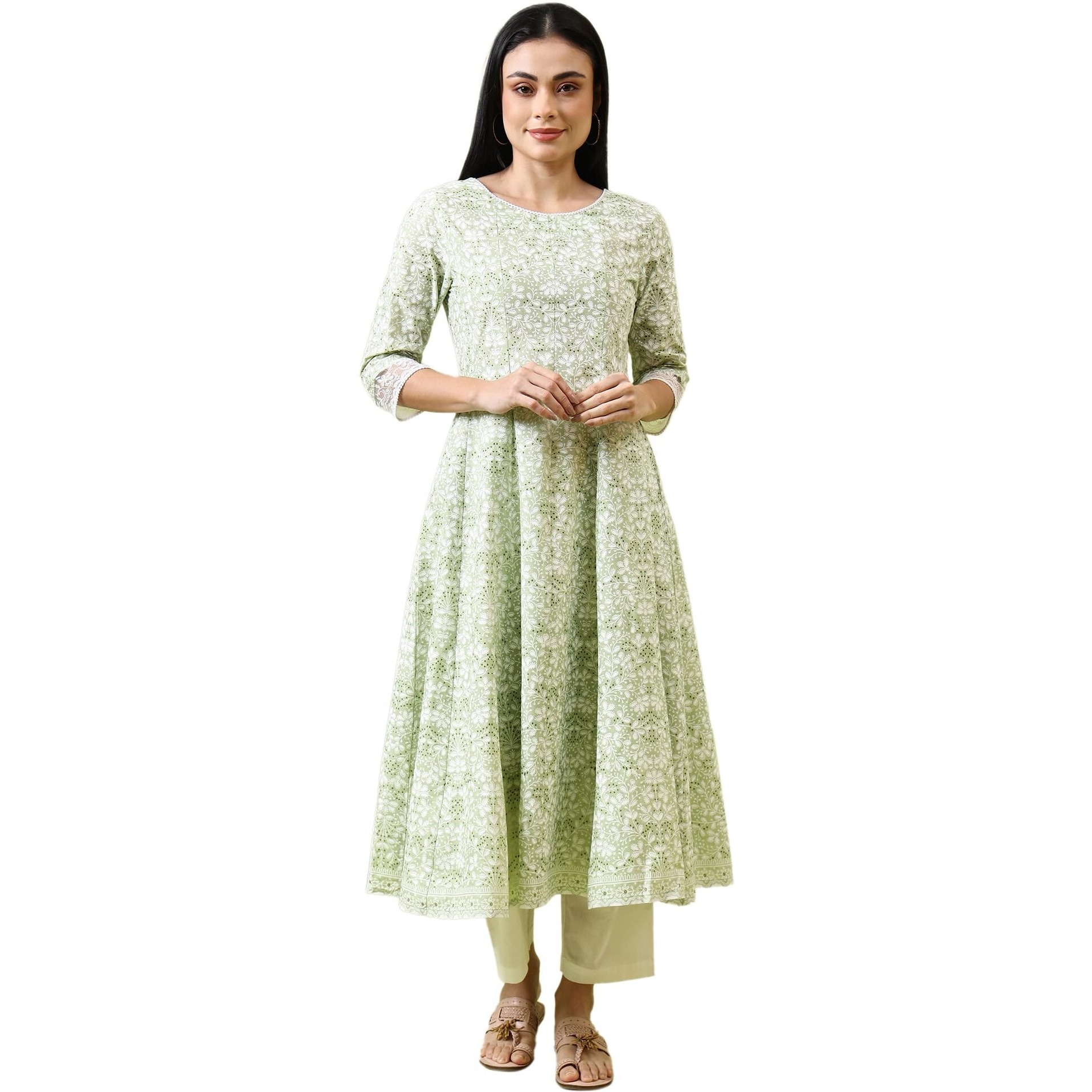 W For Woman Green Paisley Printed Pure Cotton Anarkali Kurta And Pants Set (Size Xl)-Ws10817-126111