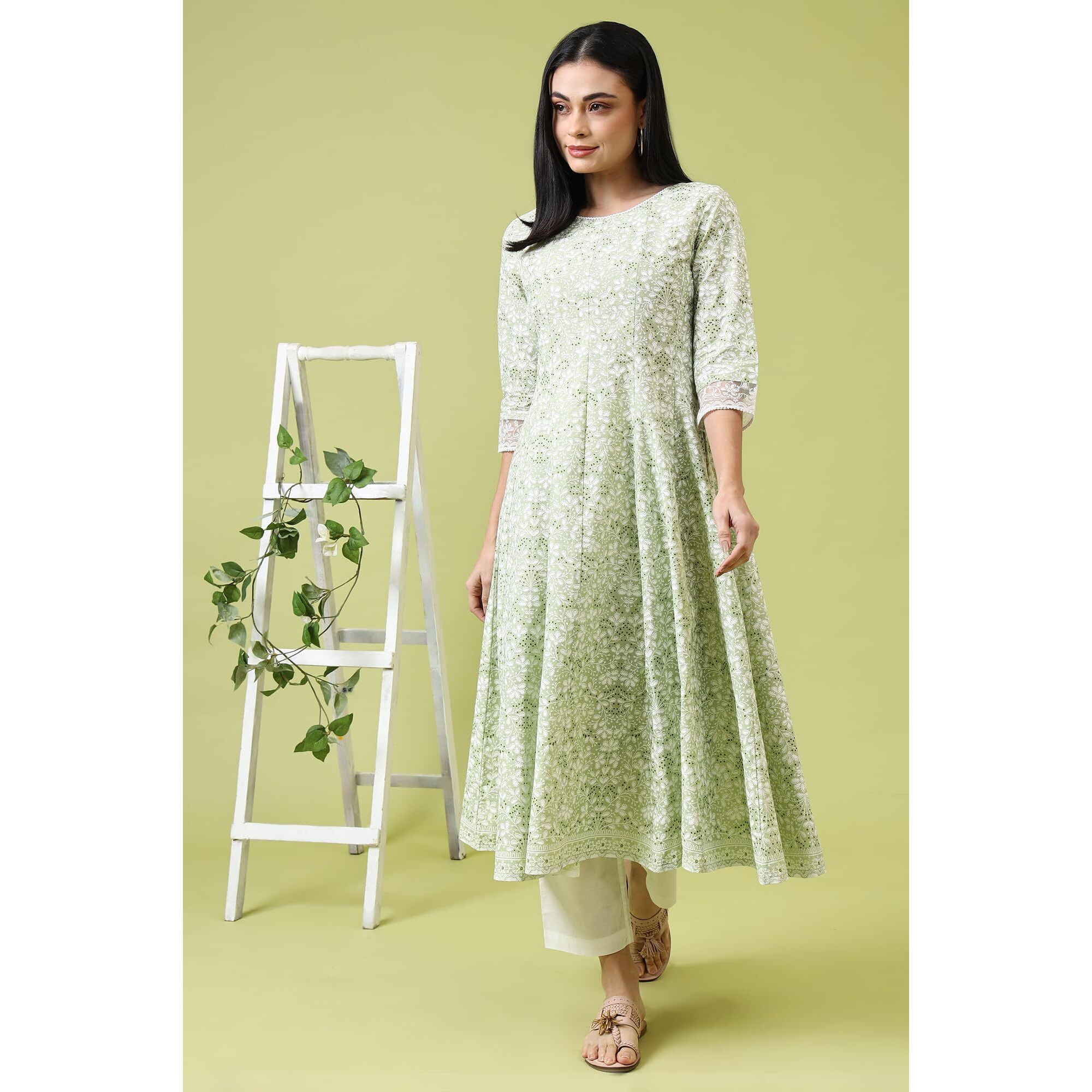 W For Woman Green Paisley Printed Pure Cotton Anarkali Kurta And Pants Set (Size Xl)-Ws10817-126111