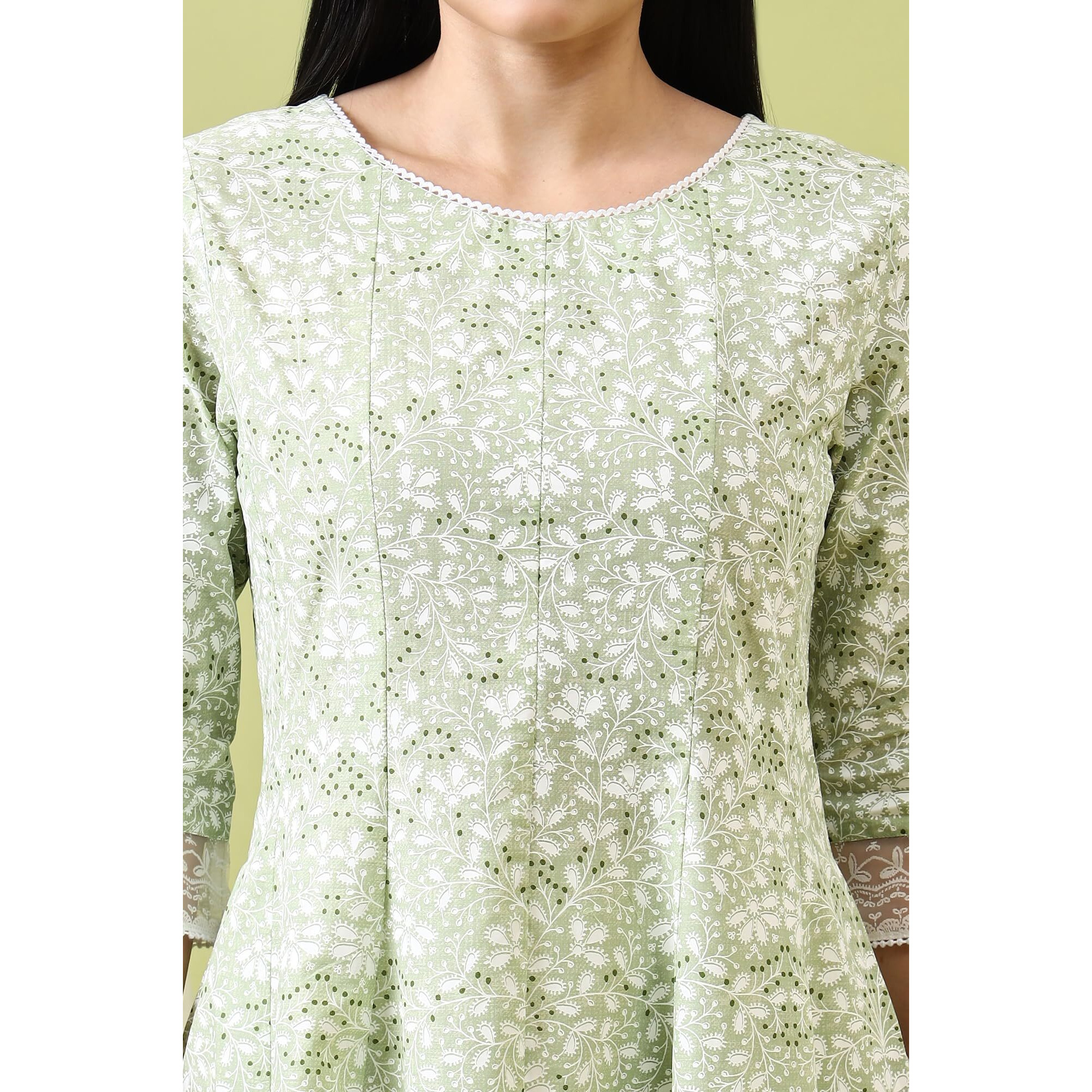 W For Woman Green Paisley Printed Pure Cotton Anarkali Kurta And Pants Set (Size Xl)-Ws10817-126111