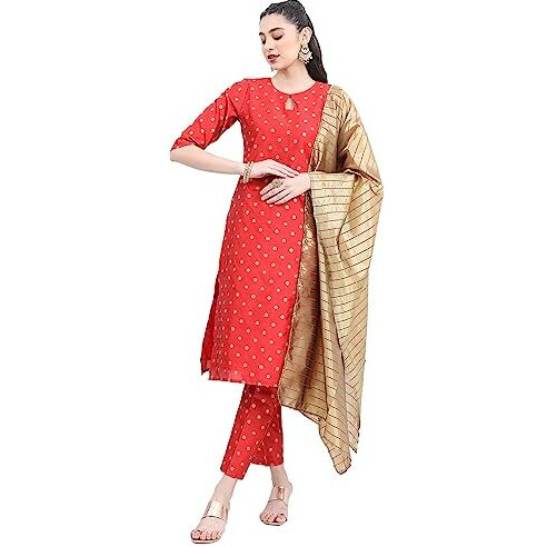 Ketch Women's Polyester Ethnic Set (Khk3000546_Red_L)