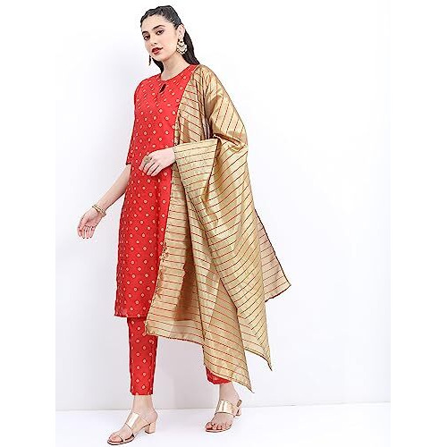 Ketch Women's Polyester Ethnic Set (Khk3000546_Red_L)