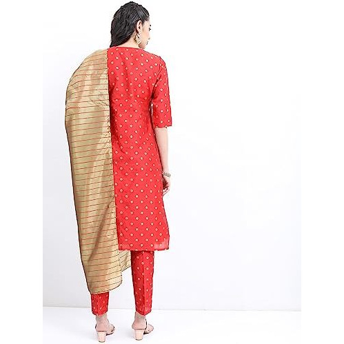 Ketch Women's Polyester Ethnic Set (Khk3000546_Red_L)