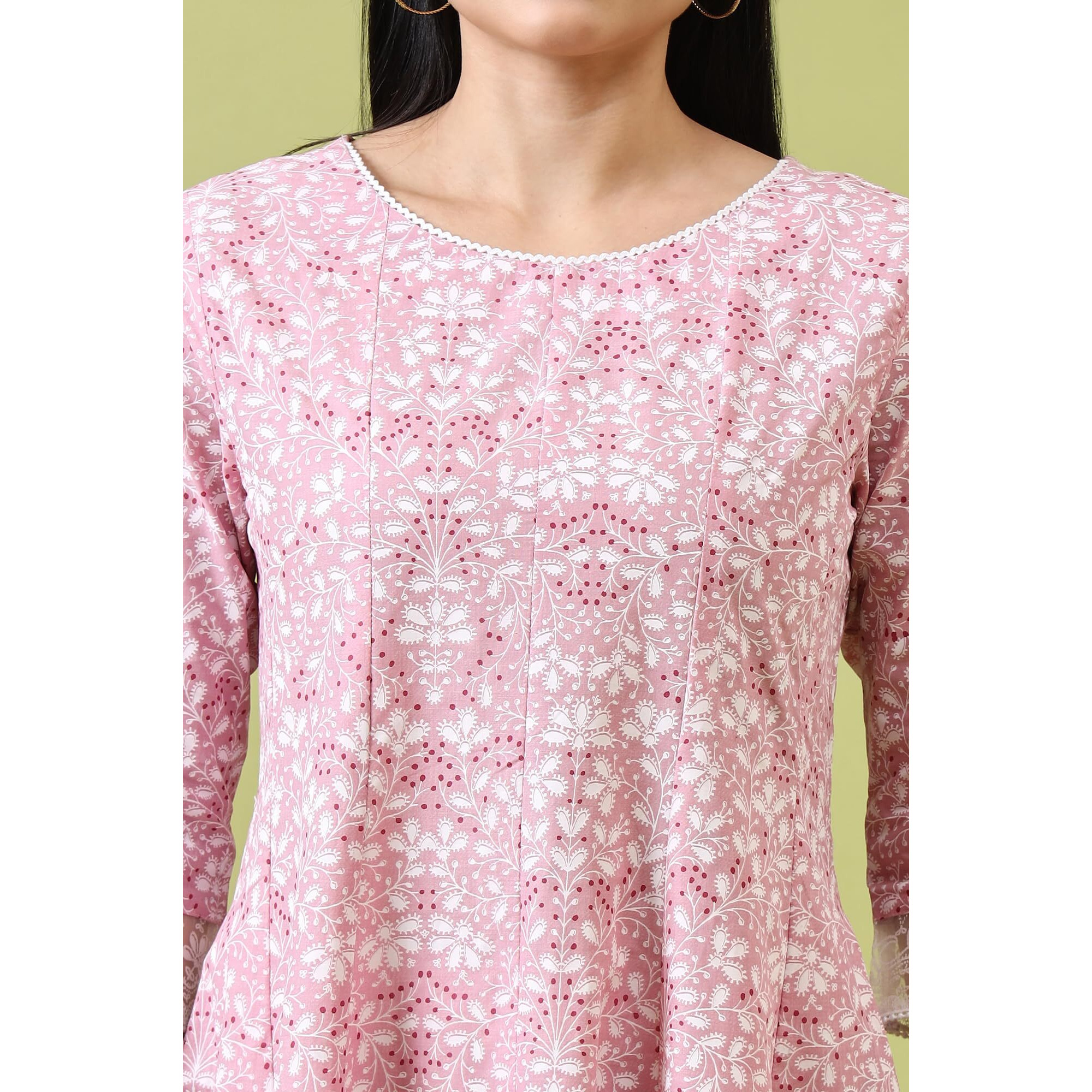 W For Woman Pink Paisley Printed Pure Cotton Anarkali Kurta And Pants Set (Size M)-Ws10817-126110