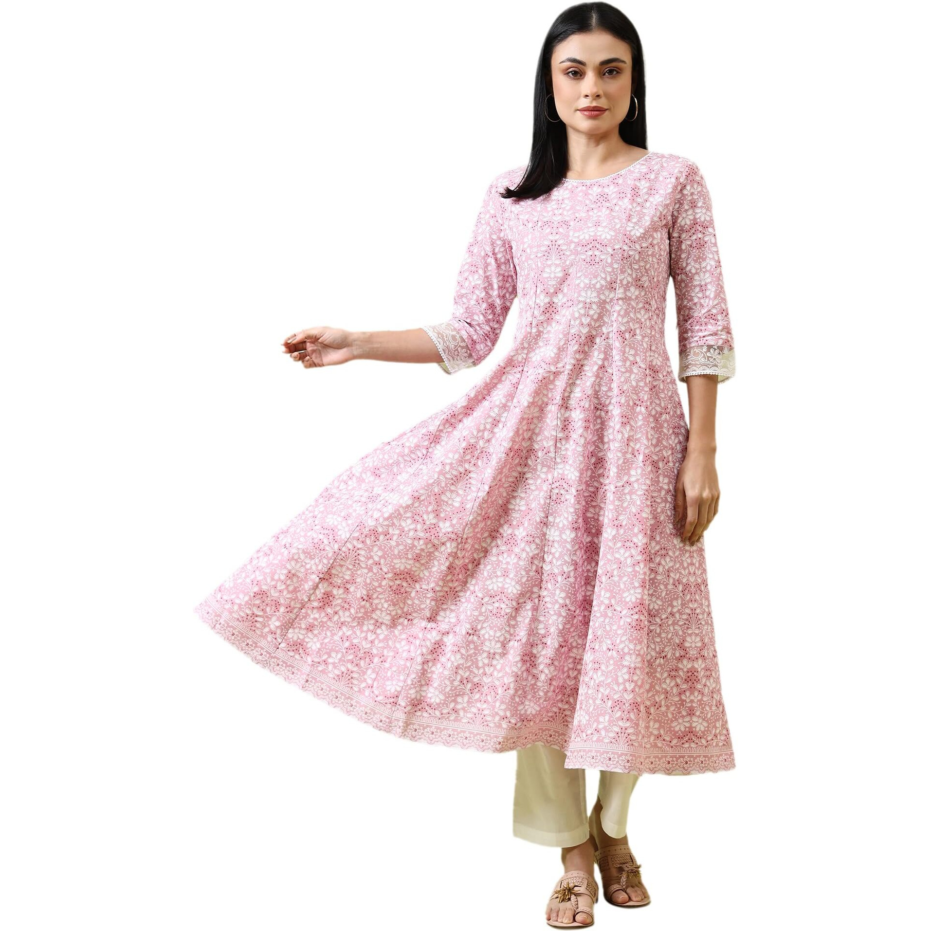 W For Woman Pink Paisley Printed Pure Cotton Anarkali Kurta And Pants Set (Size 2Xl)-Ws10817-126110
