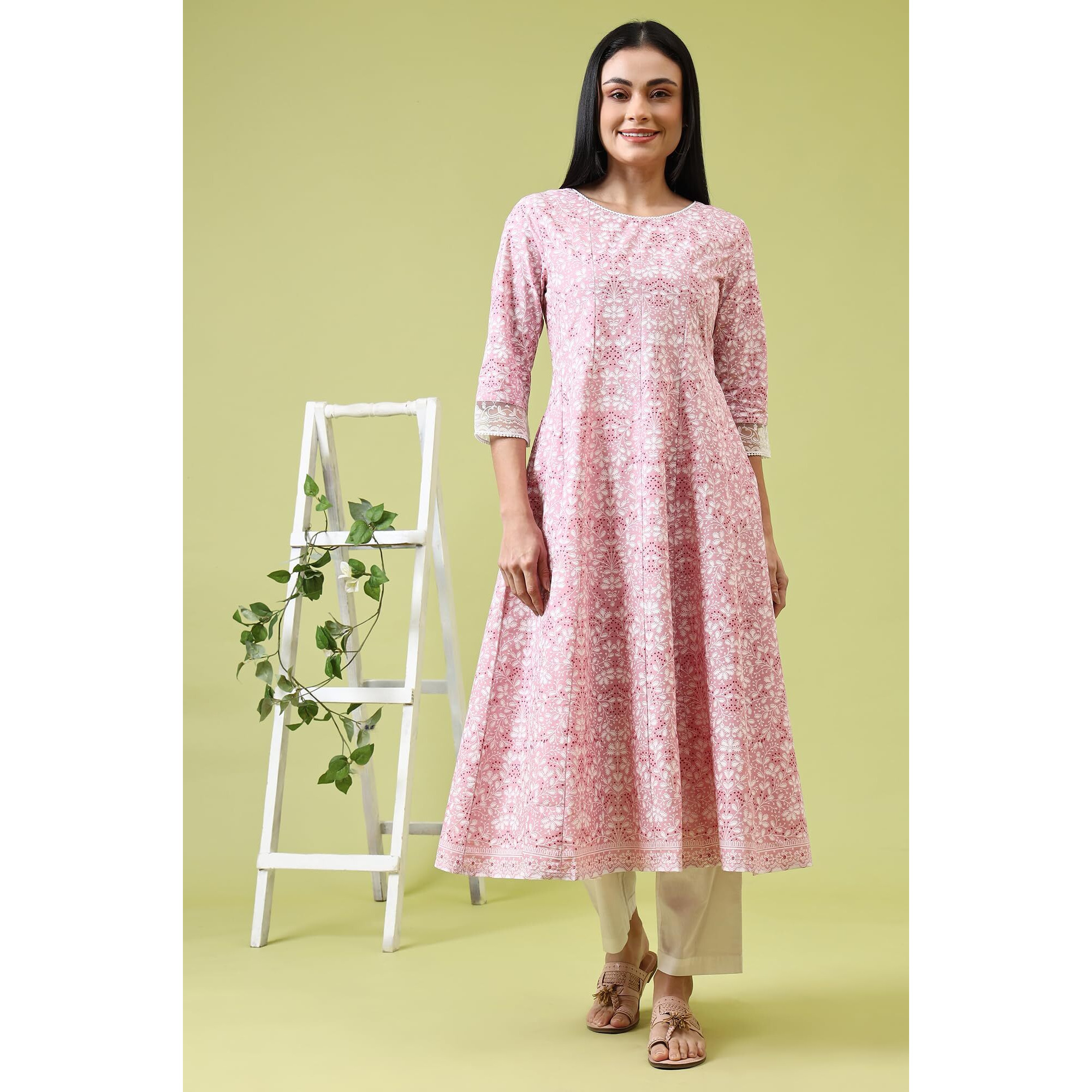 W For Woman Pink Paisley Printed Pure Cotton Anarkali Kurta And Pants Set (Size 2Xl)-Ws10817-126110
