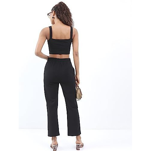 Ketch Polyester Blend Women Western Casual Fit Co-Ord Set Standard Length Playwear Dress (Khce000031_Black_L)