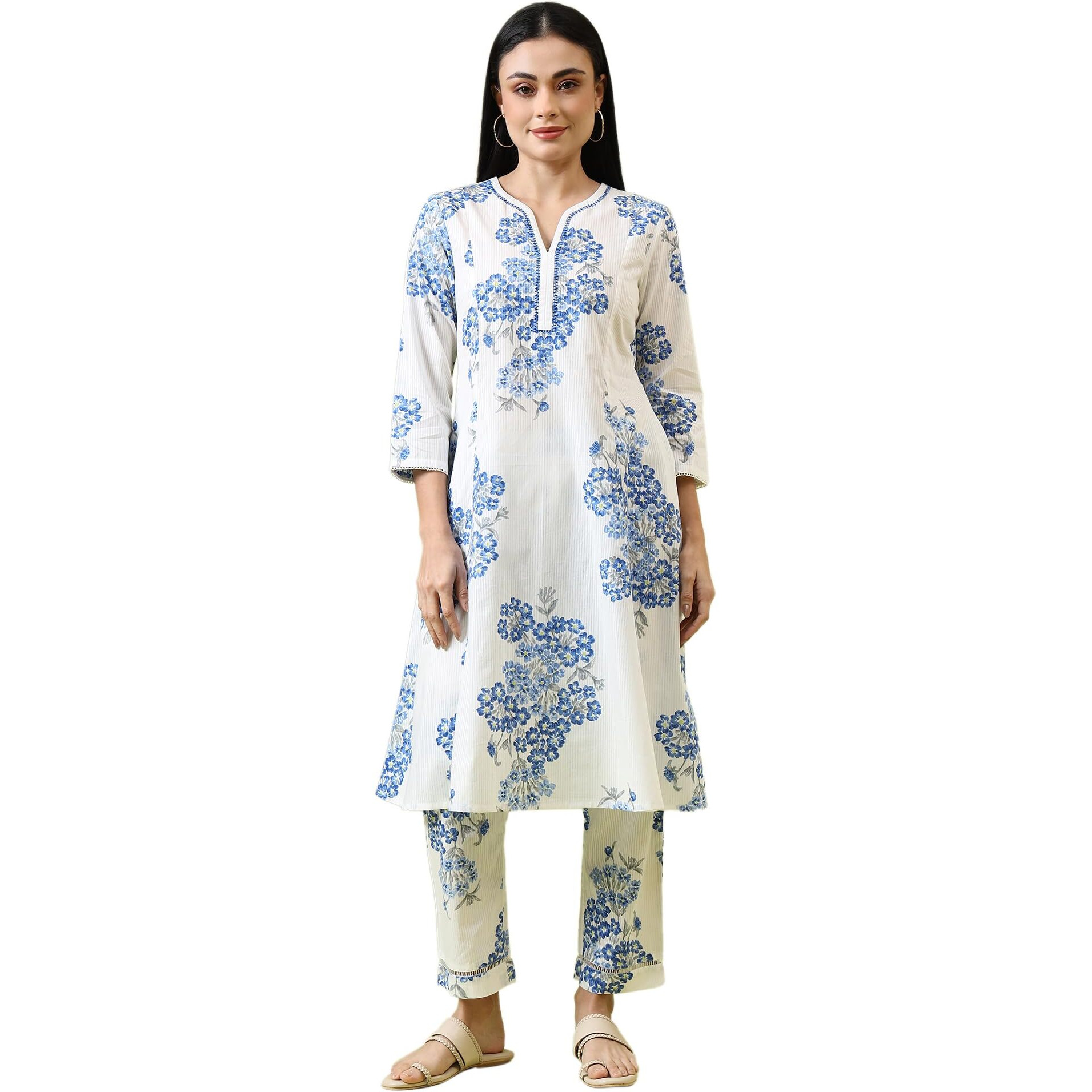 W For Woman White Floral Printed Pure Cotton Flared Kurta And Pants Co-Ord Set (Size Xs)-Ws10580-126112