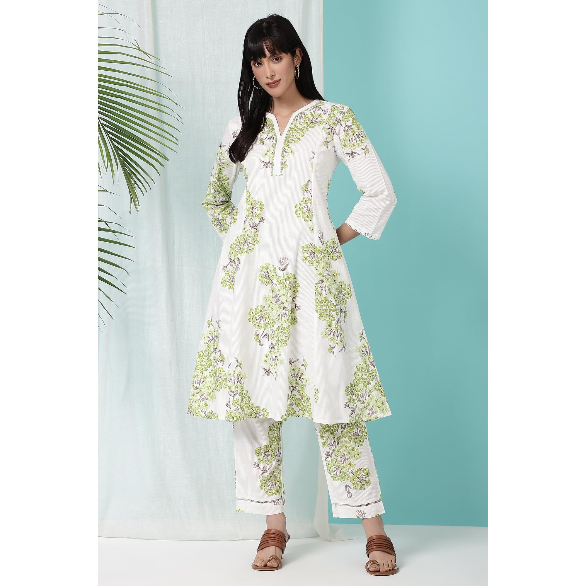 W For Woman White And Green Pure Cotton Flared Kurta And Pants Co-Ord Set (Size M)-Ws10580-126113