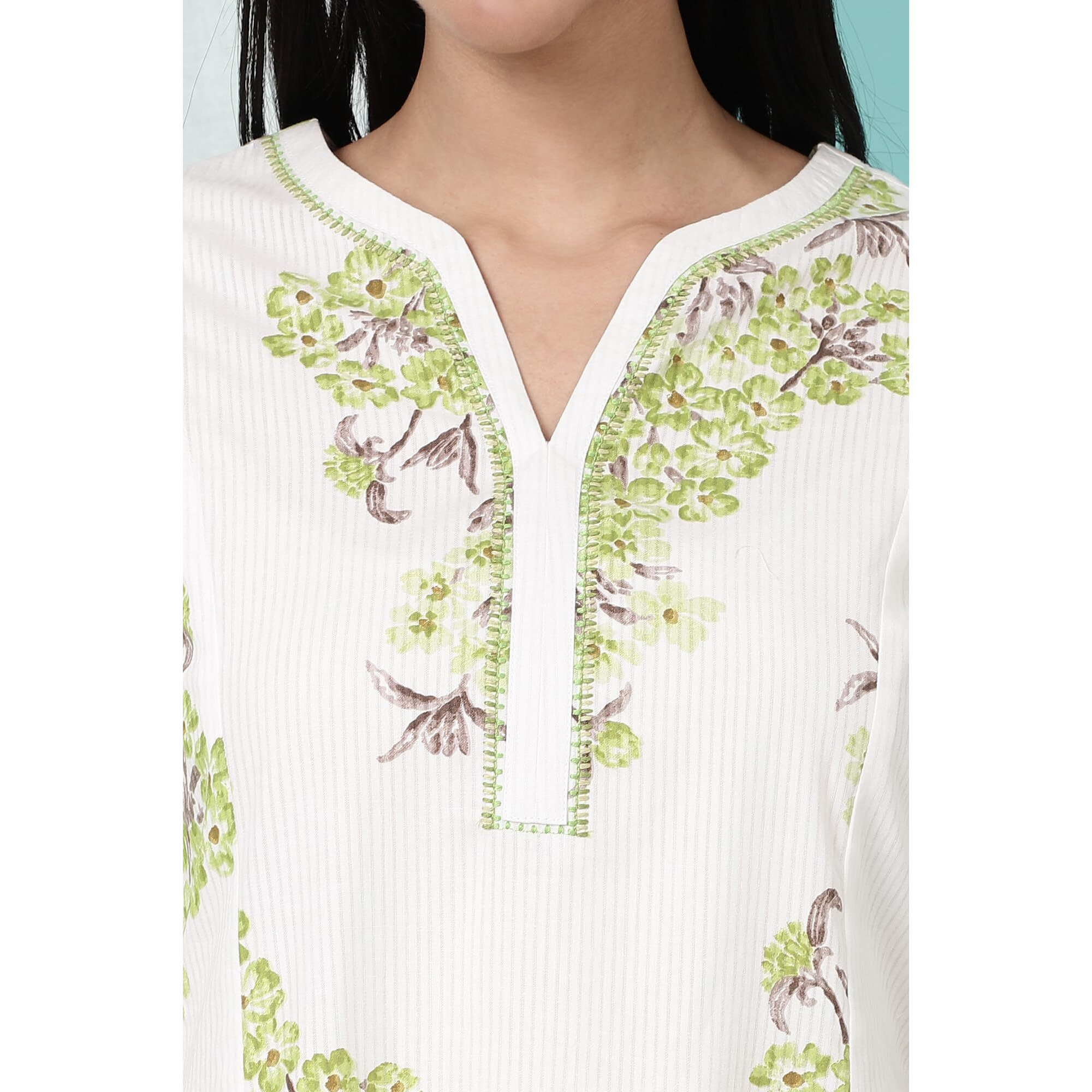 W For Woman White And Green Pure Cotton Flared Kurta And Pants Co-Ord Set (Size L)-Ws10580-126113